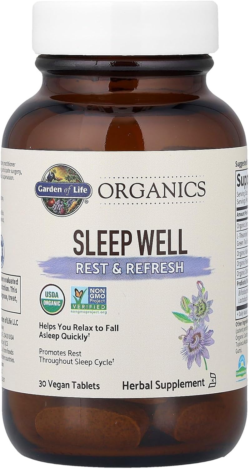 Garden of Life Organics Sleep Well Rest & Refresh 30 Tablets, Lemon Balm, Green Tea Extract L-Theanine, Valerian Root, Chamomile, Probiotics-Organic Non-GMO Vegan Gluten Free Herbal Supplement