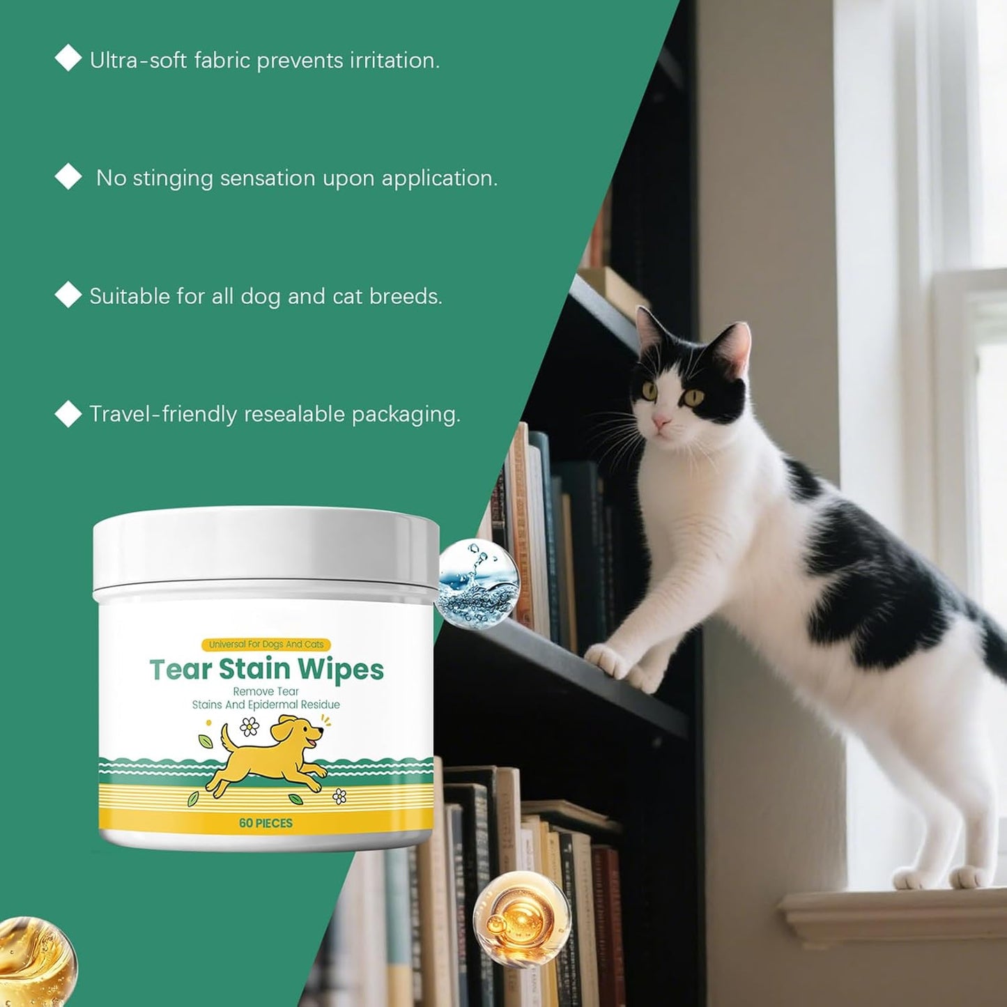 Tear Stain Wipes for Dogs, Grooming Sheets - Cat Tear Stain Wipes,for Small Medium Large Breed Puppy Kitten Skin Coat Travel Home Outdoor Indoor