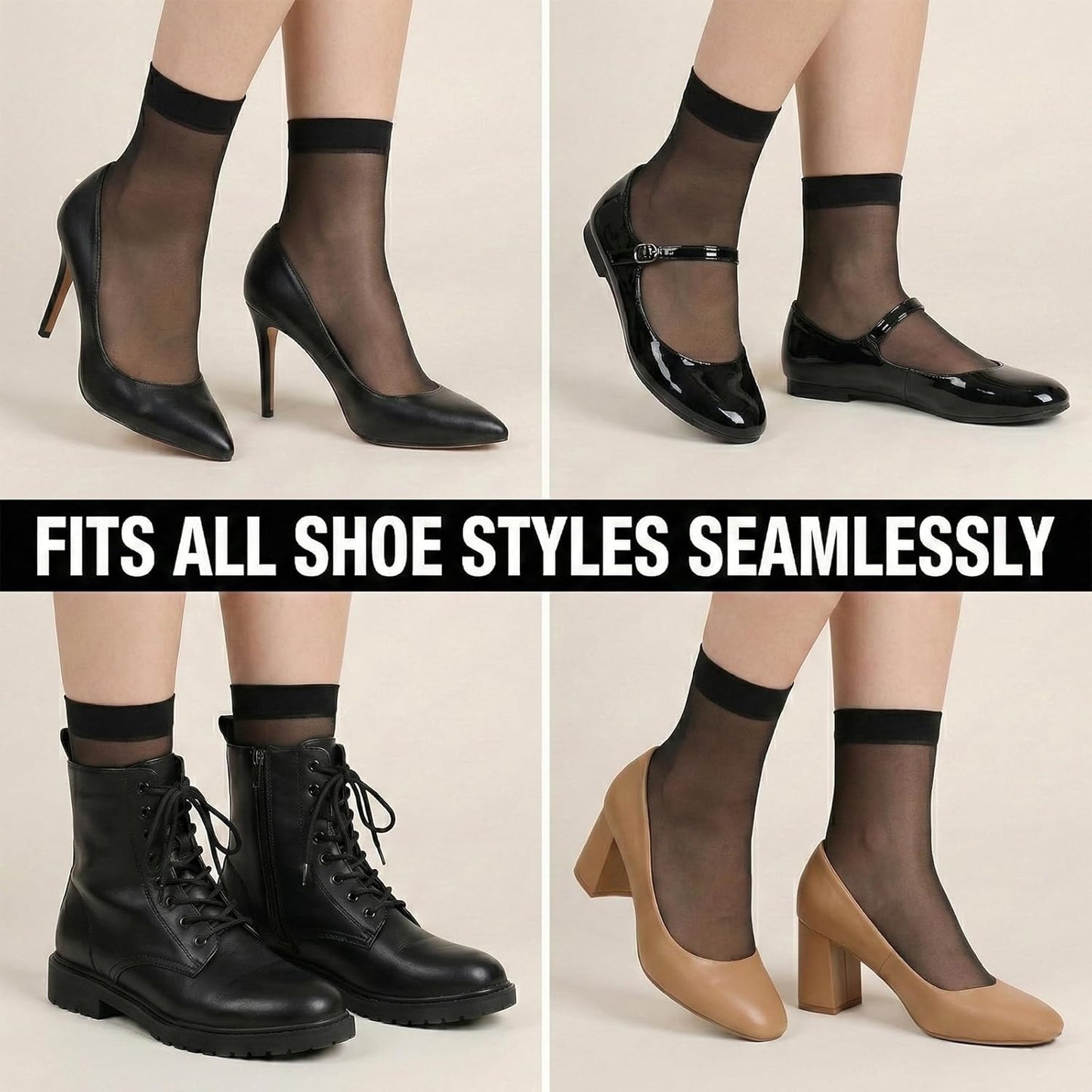 12 Pairs Nylon Socks for Women, Sheer Socks Sheer Ankle High Tights Hosiery Sock Antil-Slip Ankle High Nylons for Women(Black,Black)