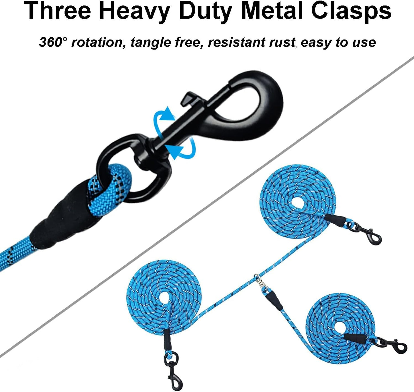 32 FT Dog Trolley System with 8 FT Runner Lead, Tie Out for 2 Dogs, Reflective Nylon Long Tether for Yard Running, Camping, 1/3 Inch Outdoor Rope Leash for Two Dogs, Blue