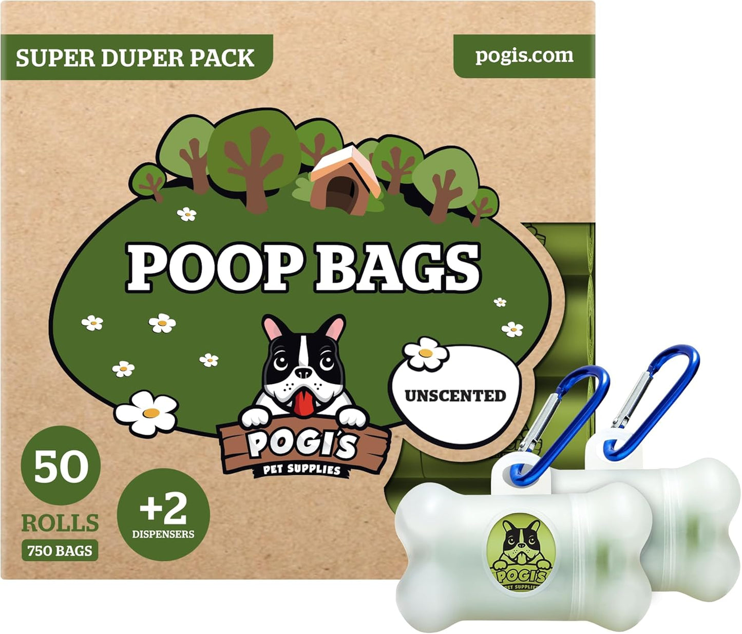 Pogi’s Dog Poop Bags – Leak-Proof & Extra Thick Pet Waste Bags with 2 Holders (Unscented, 50 Rolls, 750-Count)