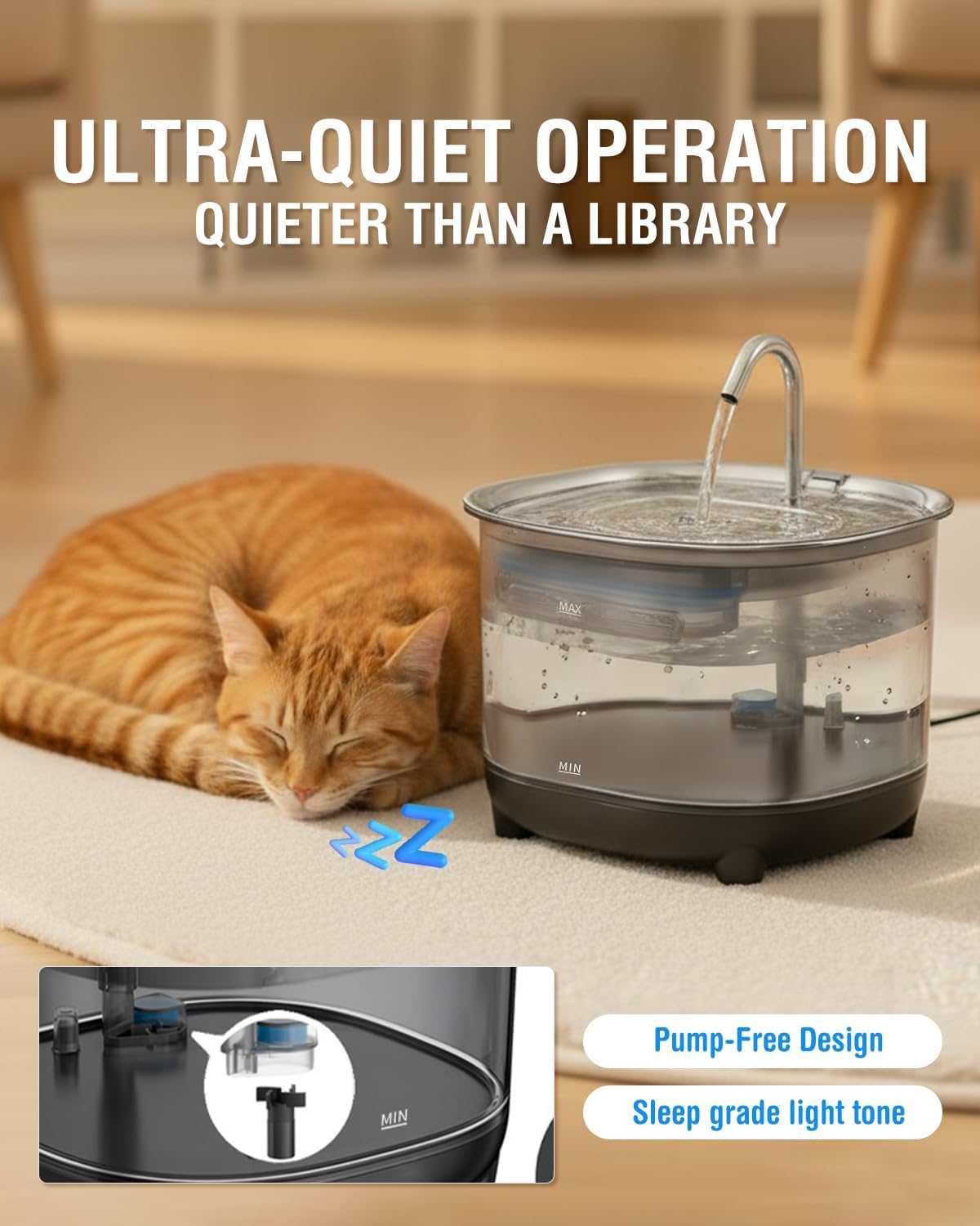 Cat Water Fountain, 3L/101oz Stainless Steel Pet Fountain, Ultra-Quiet Automatic Water Dispenser with Filter, Low Water Alert & Easy Clean for Cats, Small Dogs