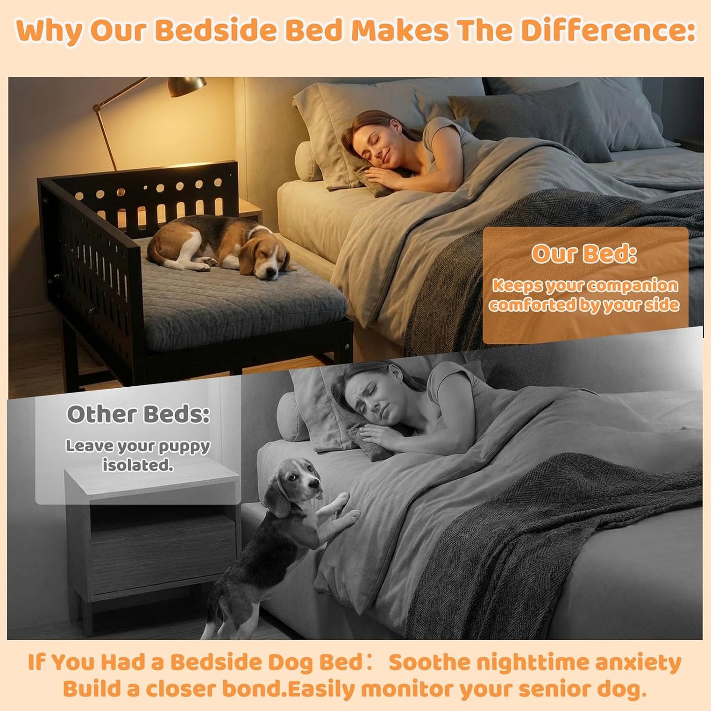 Beside Dog Bed,2 Panels Adjustable Height Dog Bunk Beds,26.8”x18.1” Metal Frame & Cushion, Converts to Bunk Bed or Bed Extension Attachment for Human Bed, for Small/Medium Dogs