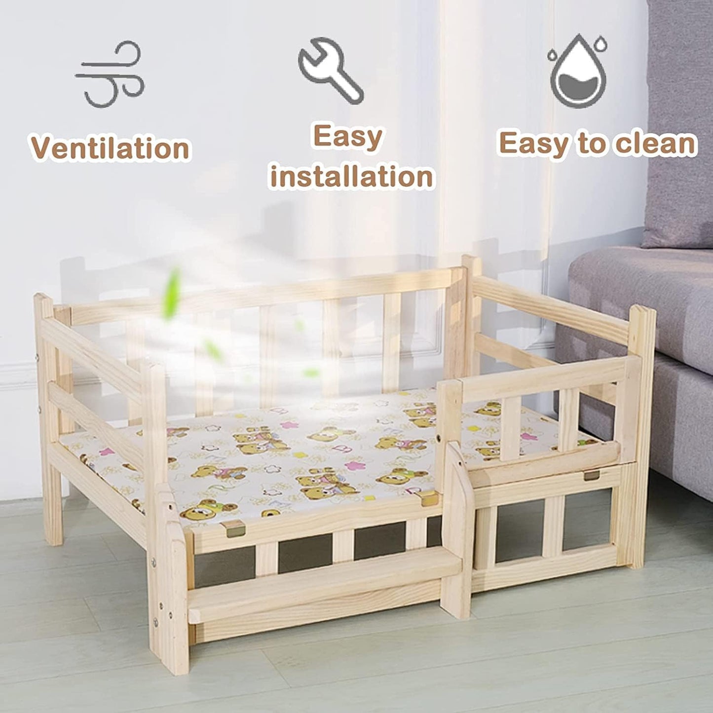 Dog Bed Wooden Dog Bed Eevated Pet Bed Elevated Orthopedic Pet Couch Kennel with Fenced & Stairs Dog Kennel Furniture for Small Medium Pets & Cats for Dogs Pet Cat ()