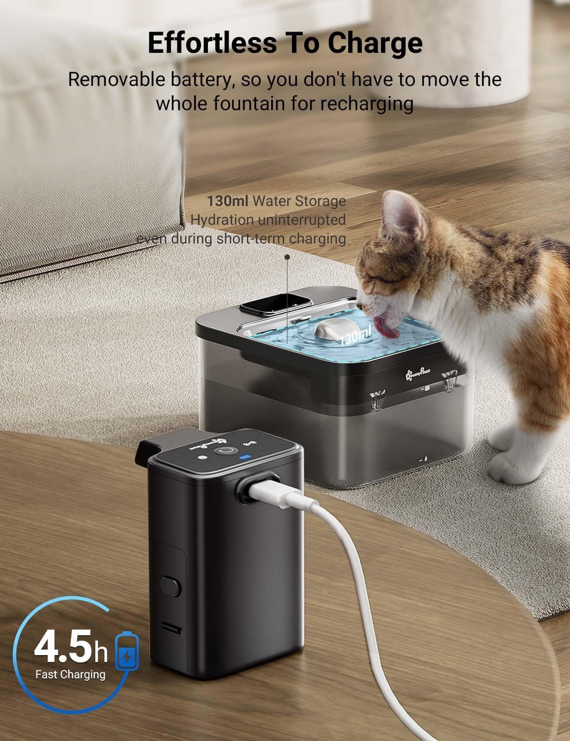 DownyPaws Cat Water Fountain Stainless Steel Cordless, 84oz/2.5L Fursink Wireless Pet Water Fountains for Cats Indoor, Battery Operated Cat Drinking Fountain, Ultra Quiet Pump, BPA-Free, Black