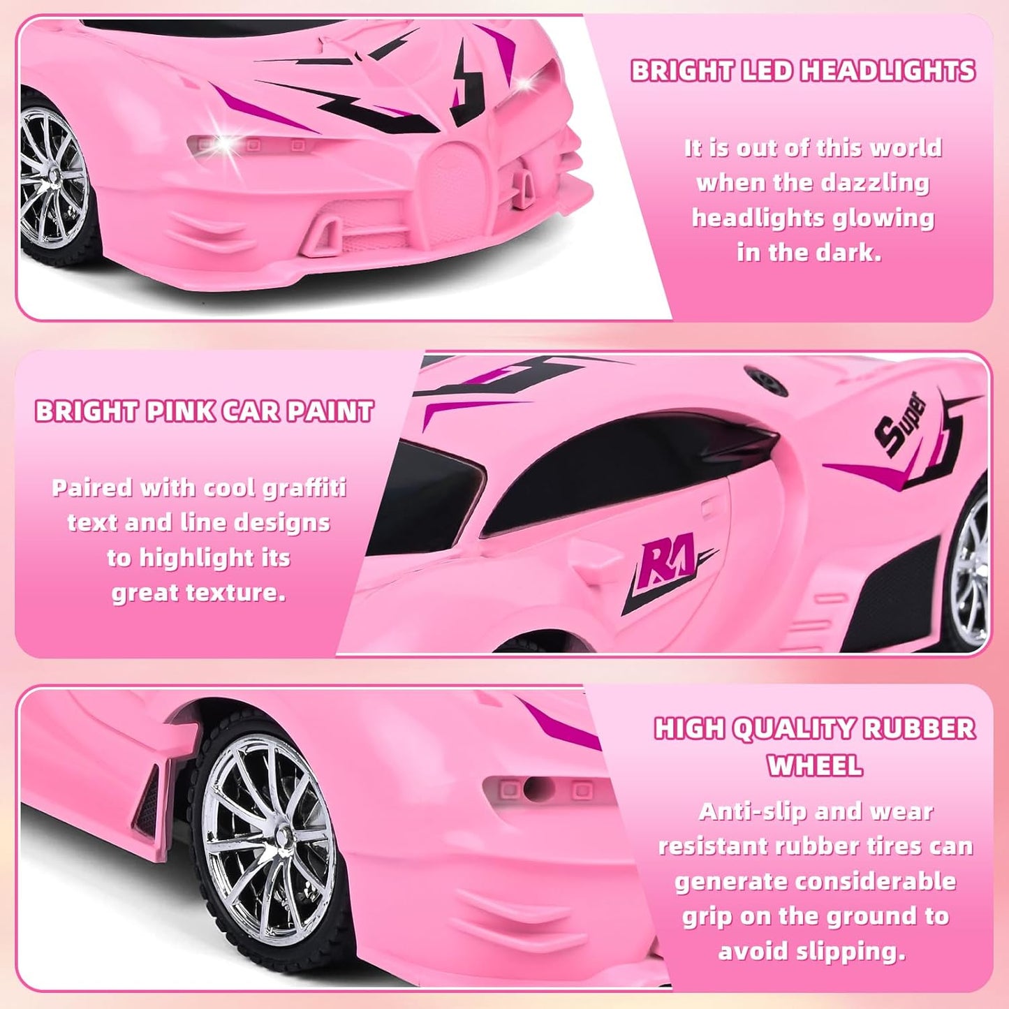 Pink Remote Control Car for Girls, Rechargeable High Speed Drift RC Cars Toys Gifts for Girl Age 6 7 8-12,1/18 Super Vehicle with Headlight Racing Hobby Xmas Birthday Gift