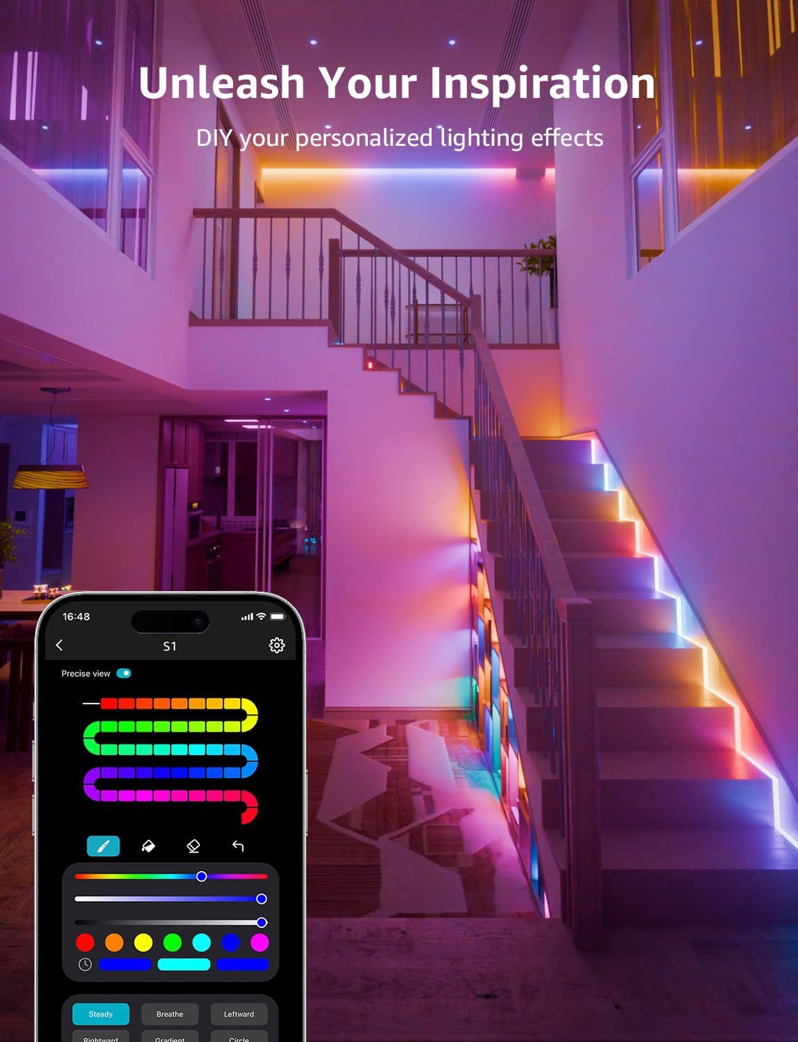 Lepro S1 AI LED Strip Lights for Bedroom - 100ft(2 Rolls of 50ft) Smart RGB Light Strips with IC and Rainbow Chasing Effects, Personalized Al Lighting Designer, No Remote, 2.4G Wi-Fi & Bluetooth