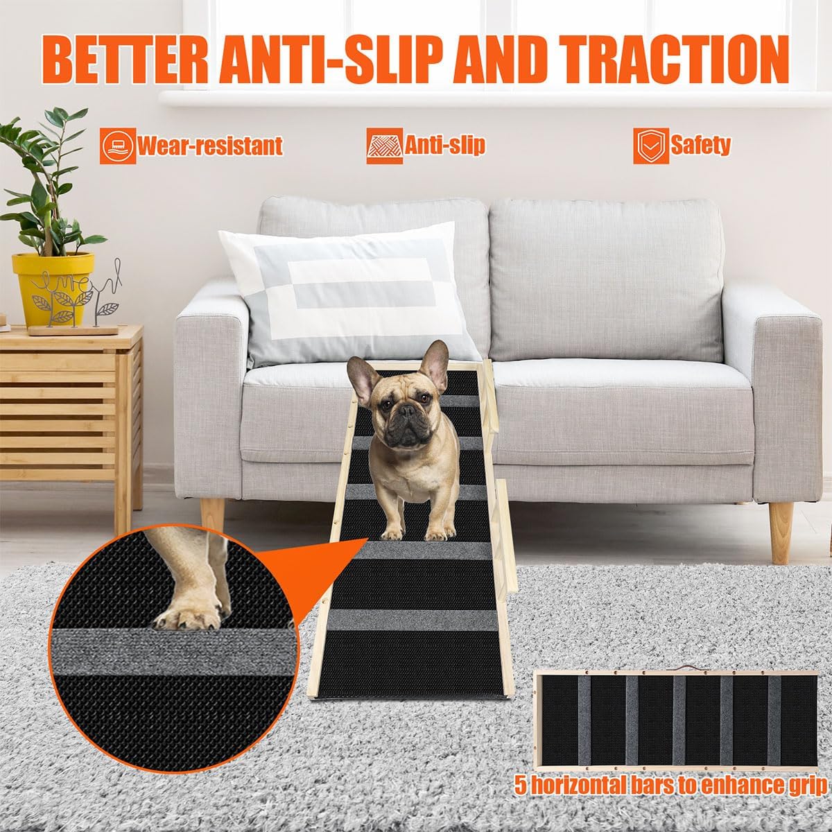GaliGali Dog Ramp, Adjustable Portable Folding Pet Ramp, Grey 43.3" Long Wooden with Non-Slip Traction Pad for Small Old Dogs and Cats, Applies to Sofa, Couch, Car NO.GGPTZHI-110