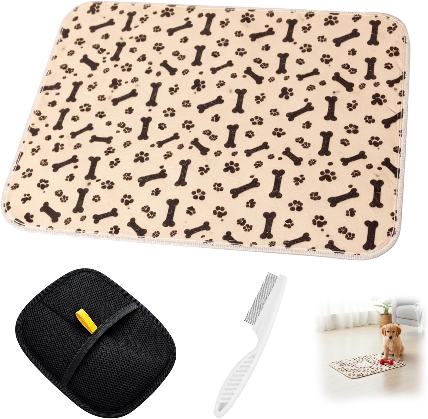 3-Piece Set with 23.62 x 11.81Inches Comb and Gloves for Potty Training and Post-Surgery Care, Dog Pee Pads with Pheromones,Reusable Polyester Pads for Hyperactive Dogs and Multi-Pet Households