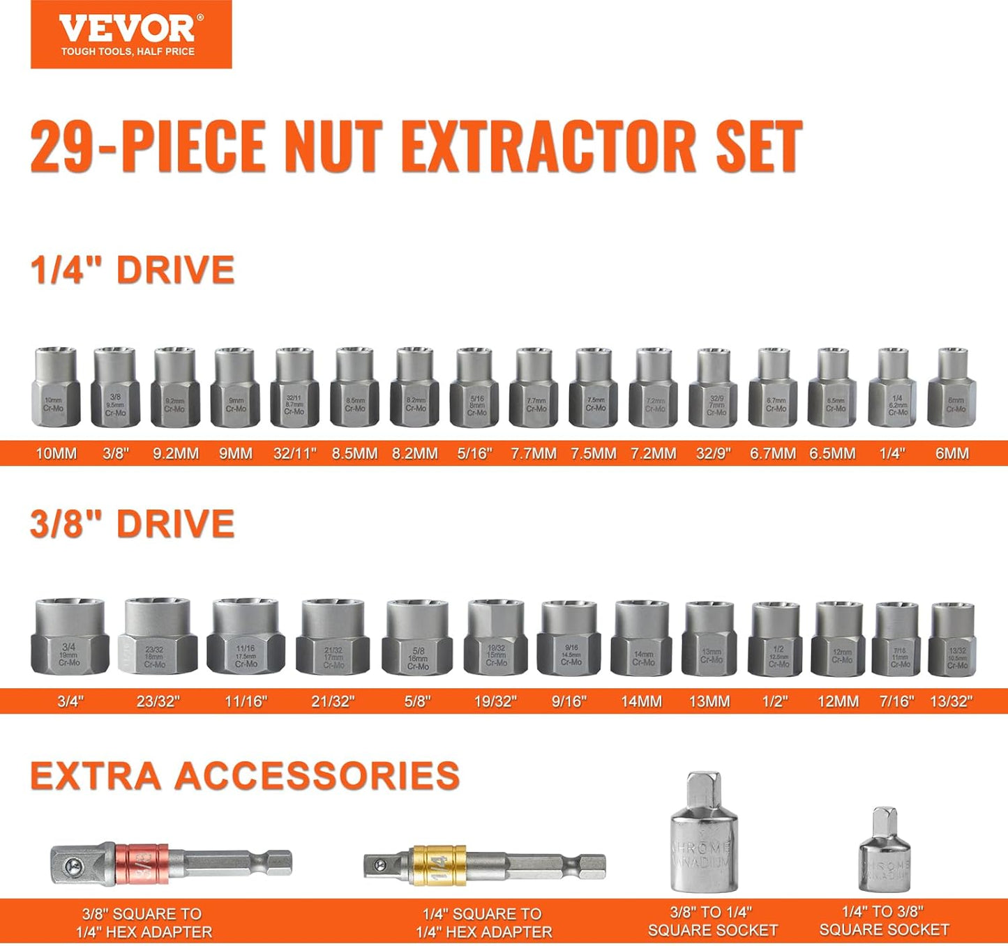 VEVOR Bolt Extractor Set, 33-Piece Bolt and Nut Remover Set, 6mm to 10mm, 13/32" to 3/4", CR-MO Steel Extraction Socket Set with Storage Case, for Removing Damaged Rusted Bolts, Nuts and Screws