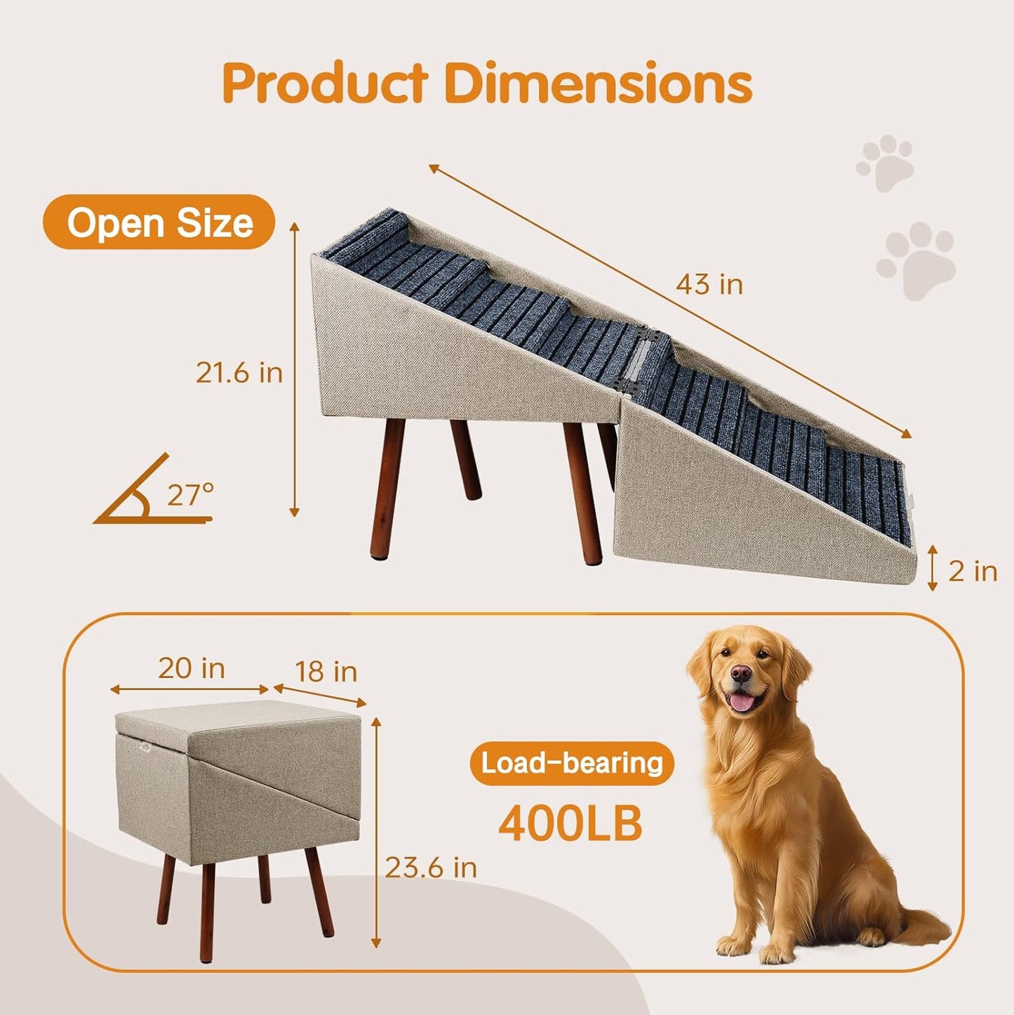2-in-1 Dog Stairs for Bed and Couch, 21.6 Inch High,Foldable Ottoman with 6 Steps, Joint Relief for Small and Large Dogs (Beige H 21.6")
