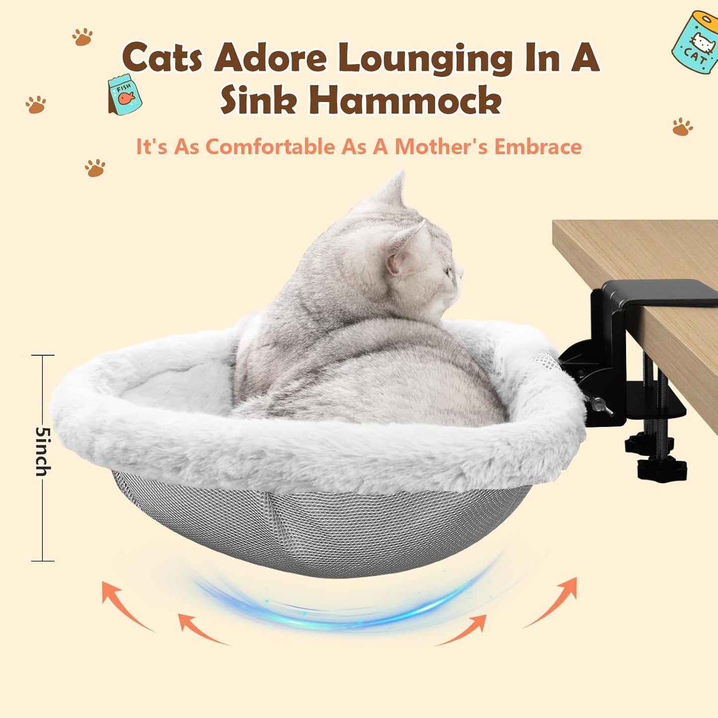 Stable Cat Desk Bed with Heavy-Duty Clamp | Sunken Hammock Design & Faux Rabbit Fur for Comfort, Removable & Washable Bed, Holds Up to 40lbs, Space Saving Cat Perch for Home Office