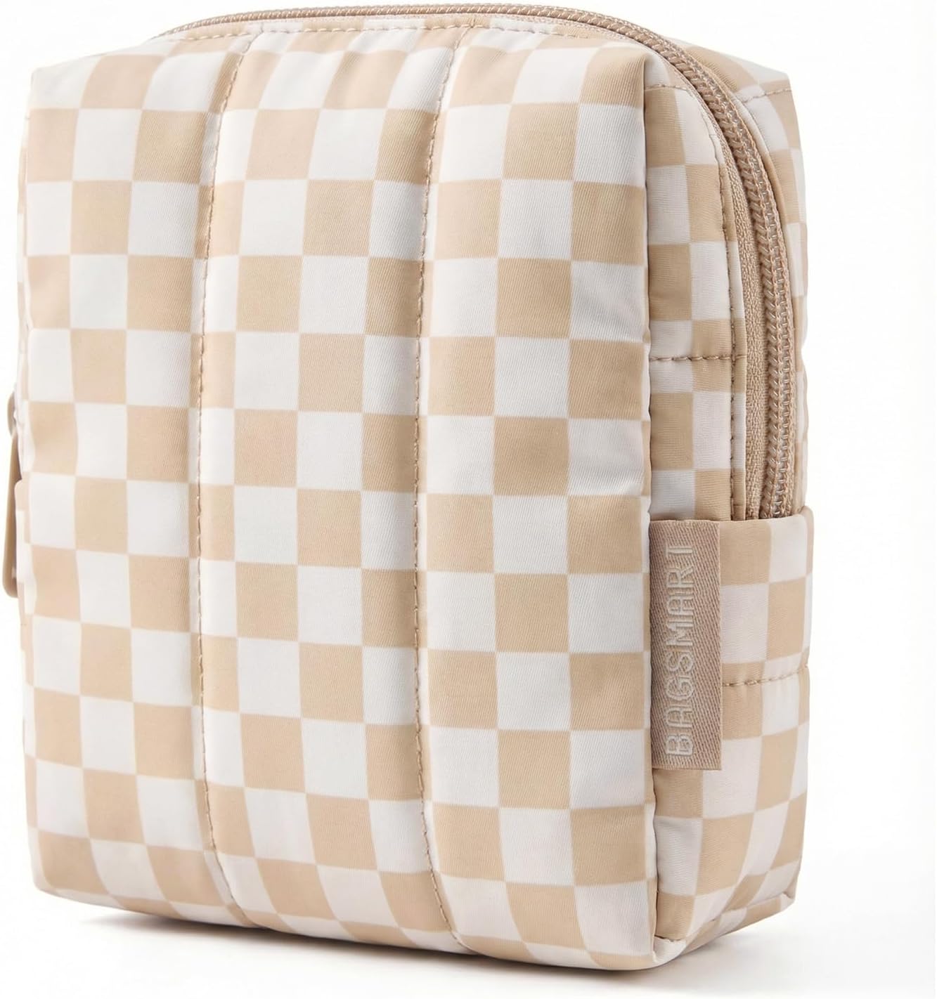 BAGSMART Small Travel Makeup Bag for Purse Toiletry Pouch, Puffy Padded Mini Cosmetics Bag, Cute Make Up Pouch for Women with Slip-in Pocket, Travel Essentials for Toiletries, Checkered Khaki