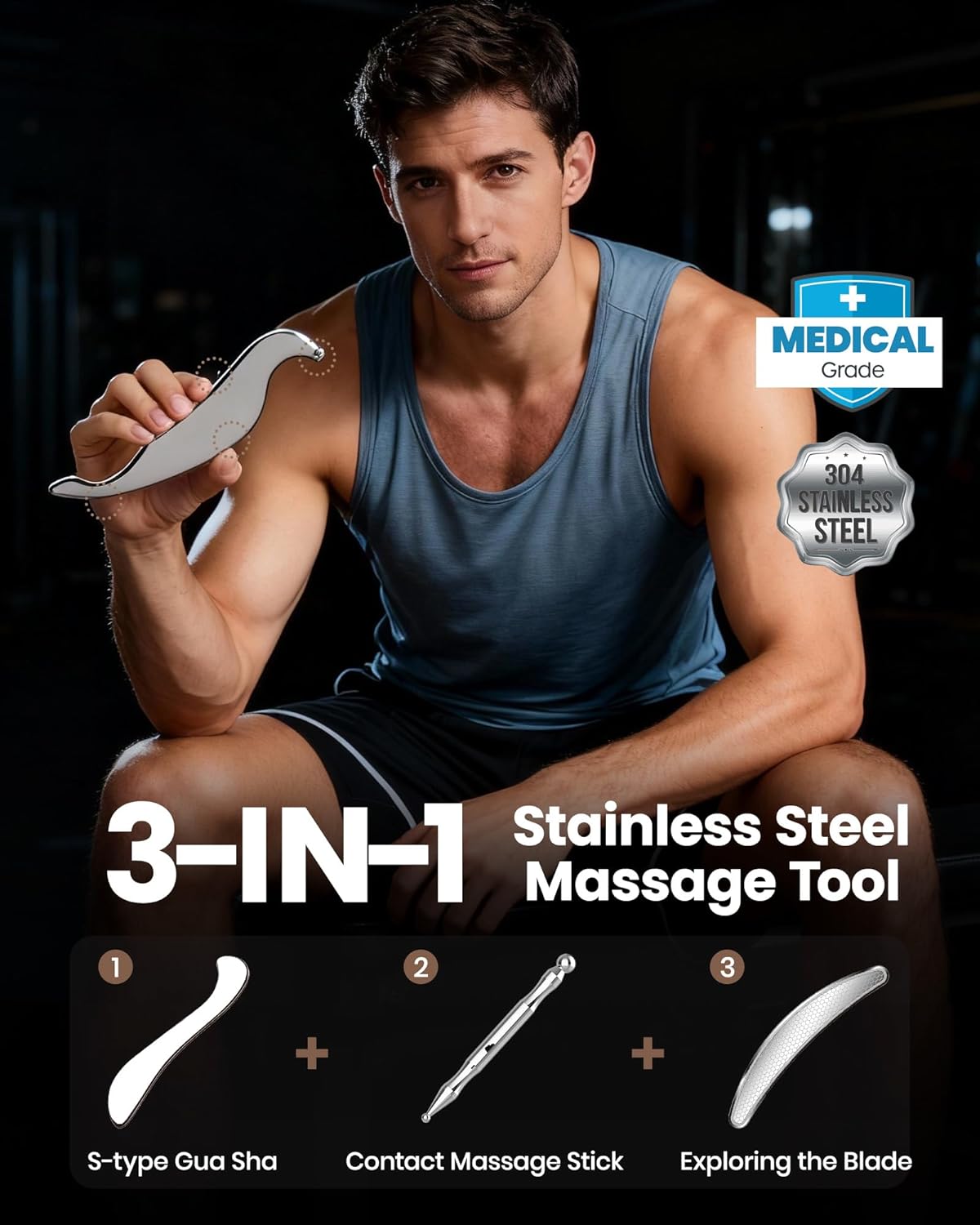 lifechill 3-in-1 Stainless Steel Gua Sha Tool, Professional Trigger Point Massage Tools & Fascia Release Scraper for Muscle Pain Relief of Neck, Shoulder, Leg & Body