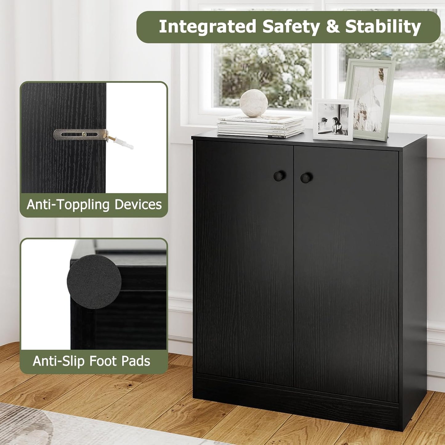 Giantex 2 Door Storage Base Cabinet - Freestanding Floor Cabinet with 3-Tier Shelf, Non-Slip Foot Pads, Kitchen Cupboard Storage Organizer for Living Room, Hallway, Entryway, Office (Black)