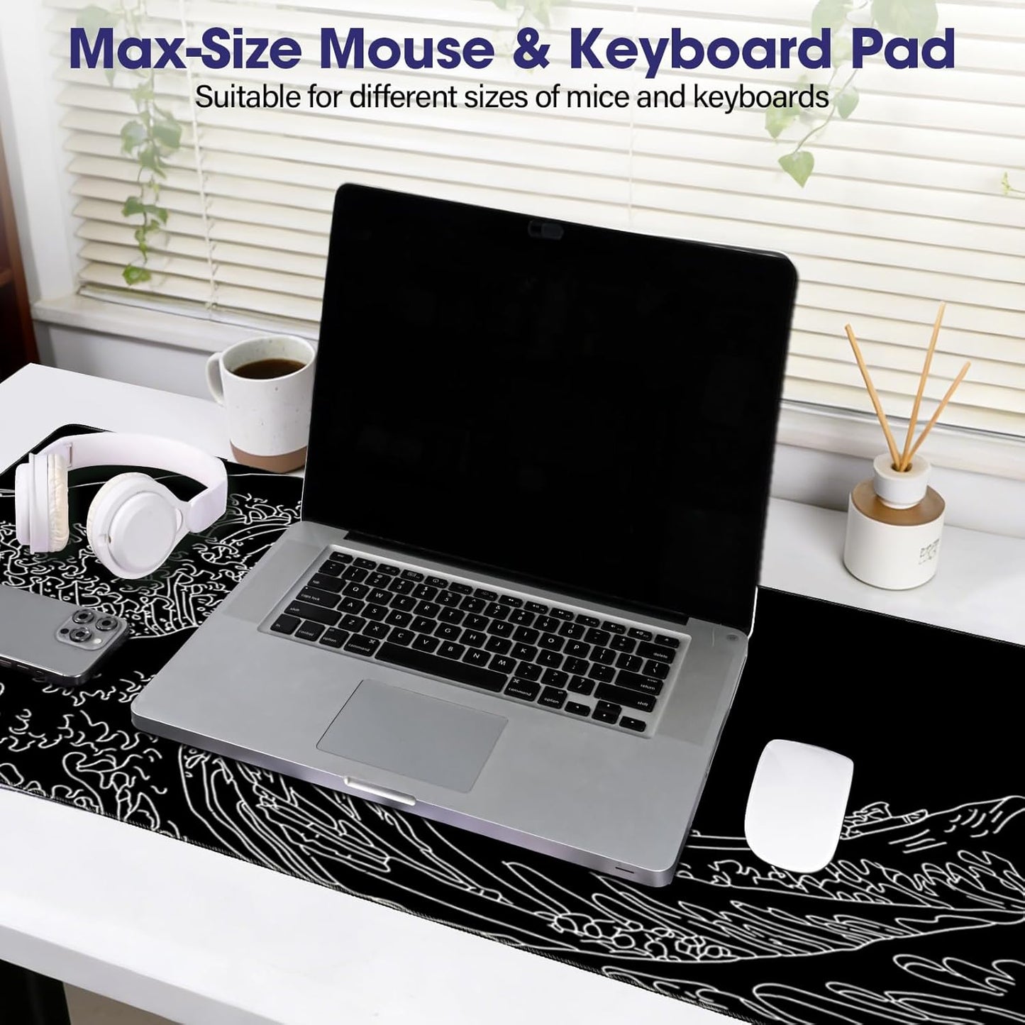 LifetimeWarrantly Japanese Sea Wave Large Gaming Mouse Pad – 31.5" x 15.7" Full Desk Mat, Non-Slip Rubber Base, Waterproof, Stitched Edges, Durable Surface for Esports, Office, Home