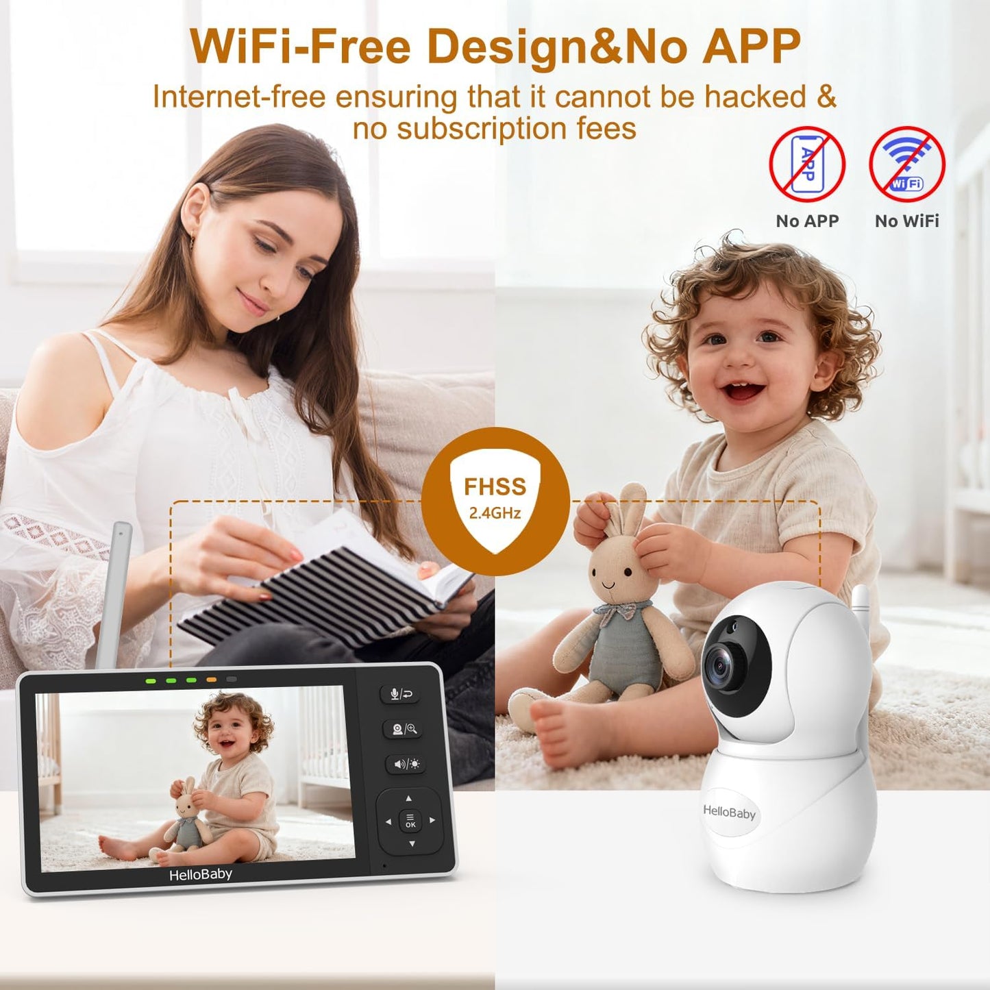 HelloBaby 5.5'' HD Video Baby Monitor with 1080P Camera | No WiFi, Hack-Proof Security & 1000ft Range | Remote Pan, Tilt, Zoom, Night Vision, Night Light | 4000mAh Battery