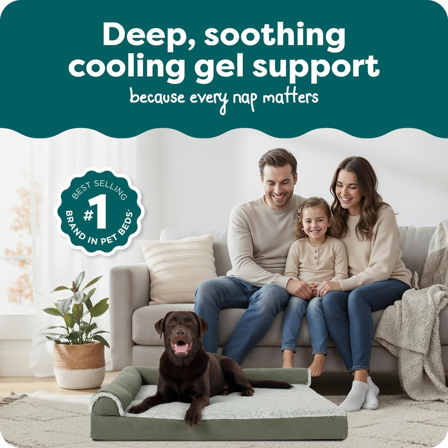 FurHaven Cooling Gel Dog Bed for Large Dogs, L-Shaped Chaise with Cool Gel-Top Foam with a Solid Orthopedic Foam Base for Joint Support, Washable Cover, Jumbo XL, Plush Faux Fur & Suede, Dark Sage