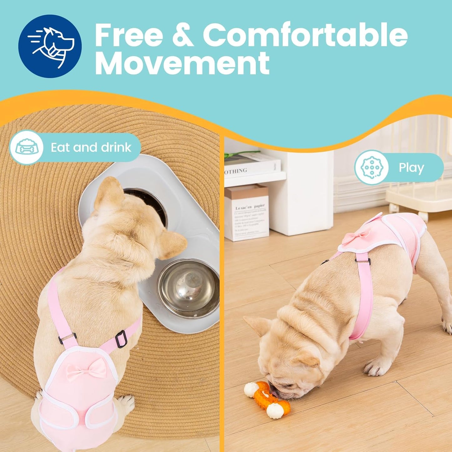 Avont 3 Pack Frenchie Dog Diapers Female, Washable Reusable Girl Doggie Pants for Period Heat Cycle, Full Body Cover Onesie with Adjustable Straps -Pink/Purple/Blue M
