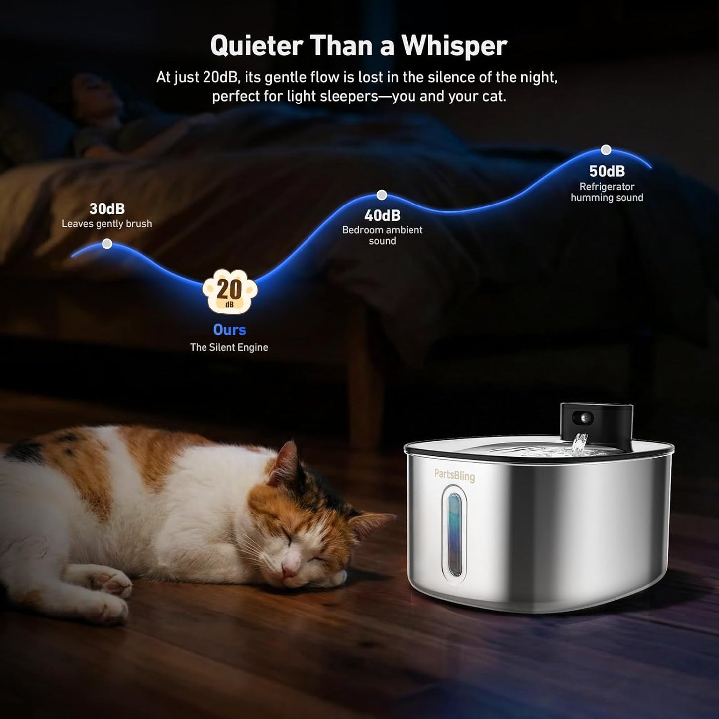 PartsBling Wireless Cat Water Fountain Stainless Steel, 4.2L/142 fl oz Cordless Pet Water Dispenser Bowl with 5000 mAh Rechargeable Battery with 4 Filters (Black Pump)