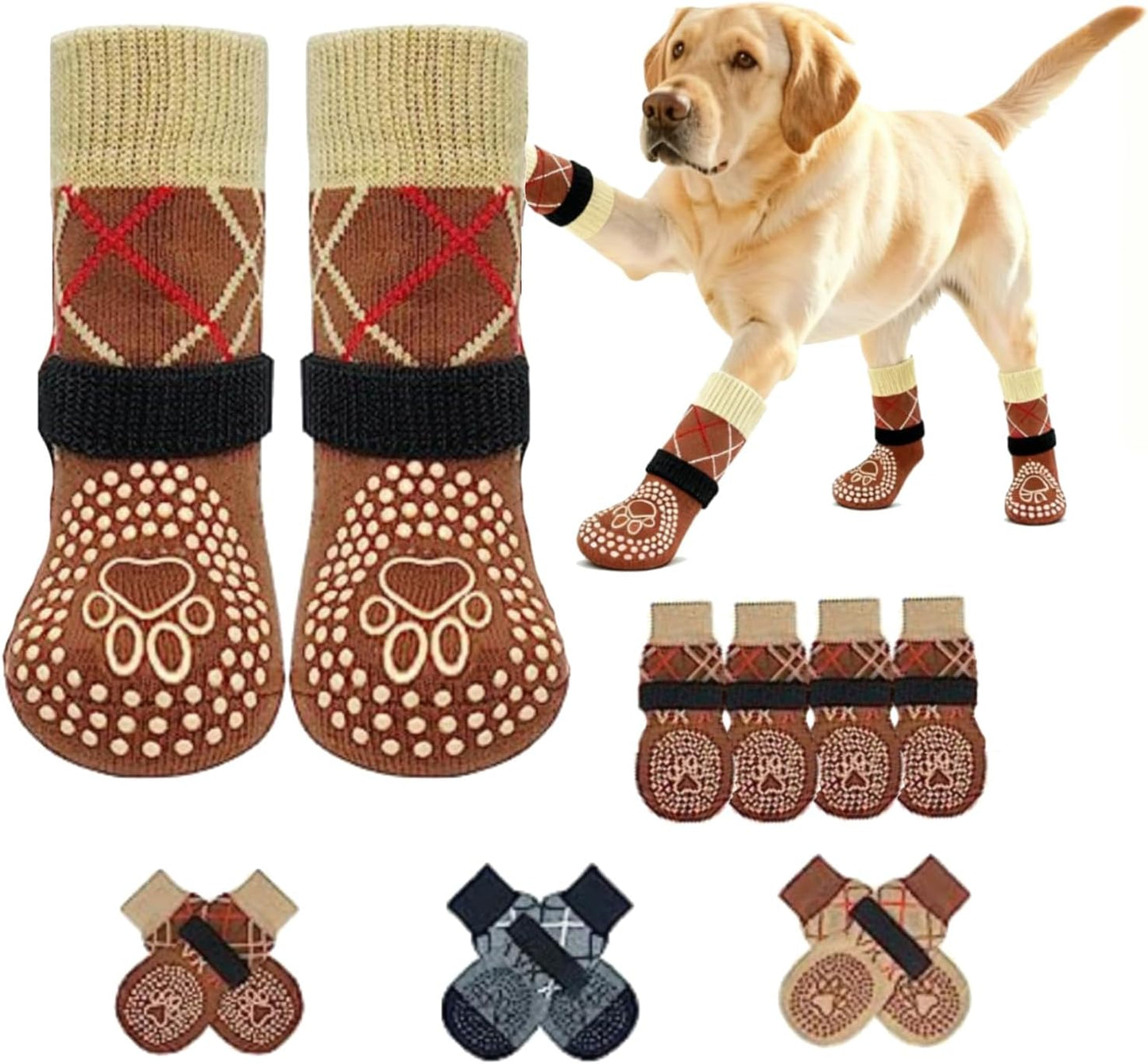 SYEIIYU 4Pcs Anti-Slip Dog Socks, Dog Shoes with Double Sides Grips for Hot/Cold Pavement,Paw Protectors for Small Medium Large Senior Dogs, Traction Control Boots for Hardwood Floors-Brown-XL