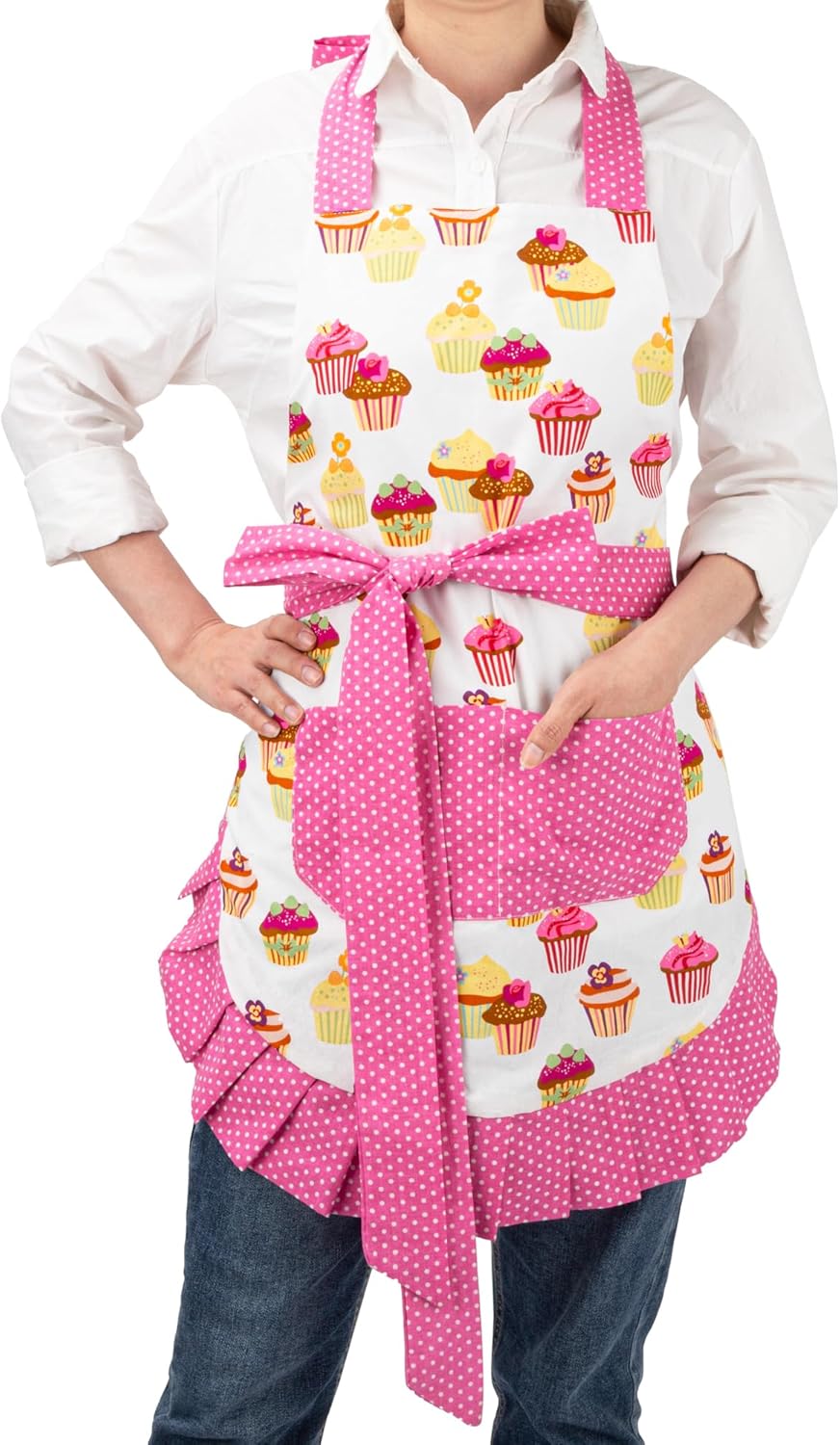 Women's Cotton Floral Apron with Pockets, Adjustable Long Ties for Kitchen Cooking, Baking and Gardening