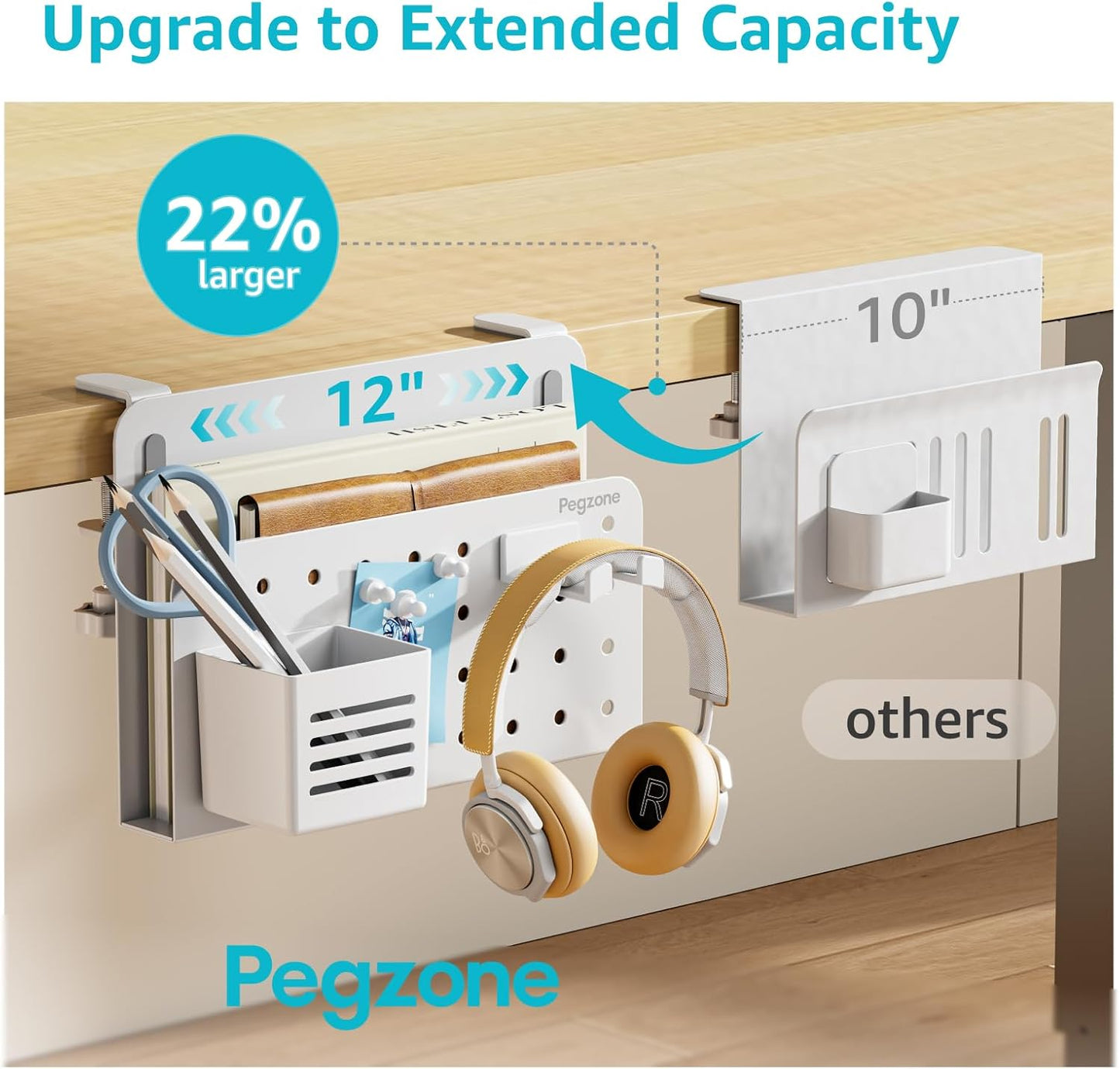 Desk Side Storage Organizer, No Drill Under Desk Laptop Holder, Clamp on Desks Shelf with Pegboard Accessories, Hanging Laptop Mount, Fits Flat Edge 0.4" to 2.2", White