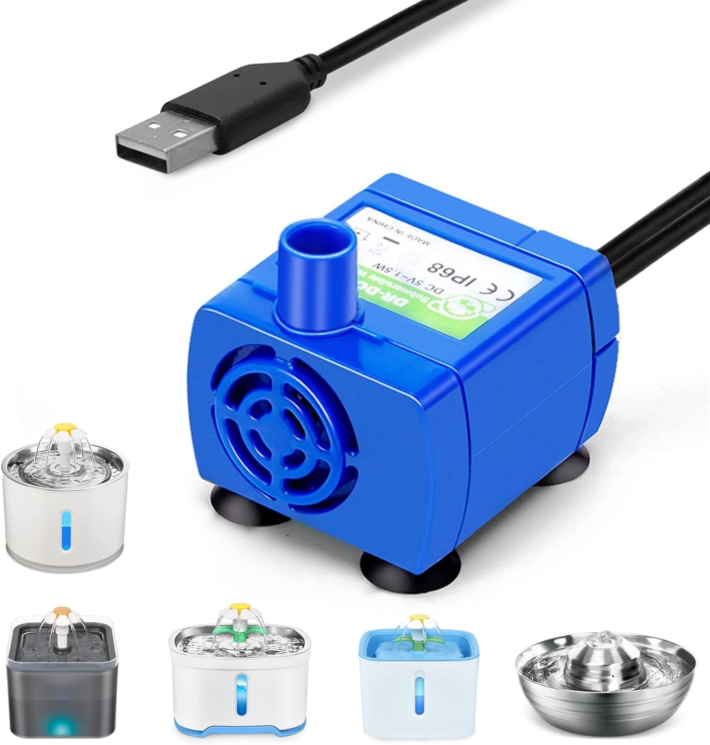 Submersible Water Pump for Pet Fountain, DR-DC160 Pet Fountain Pump Motor Powerful Replacement Pet Water Dispenser 5.9ft Power Cable for Most Flower Fountain, USB Plug