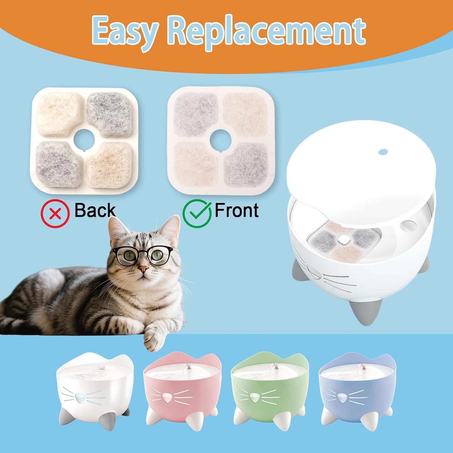 8 Pack Cat Water Fountain Filter Replacement Compatible with Catit PIXI, Cat Drinking Fountain Filter Replacement for Catit, Keep Your Pet Healthy and Hydrated Ion-Exchange Resin & Activated Carbon