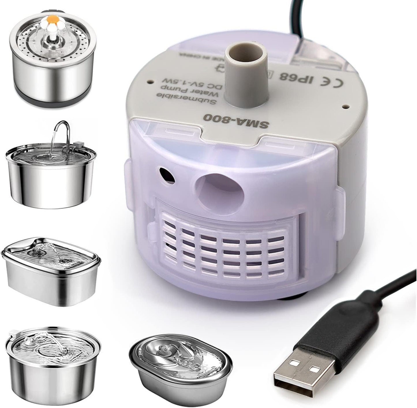 Water Fountain Pump for Stainless Steel Cat Drinking Fountain, Ultra Quiet Long Lifespan Replacement Round Pump with USB Cable, LED Lights