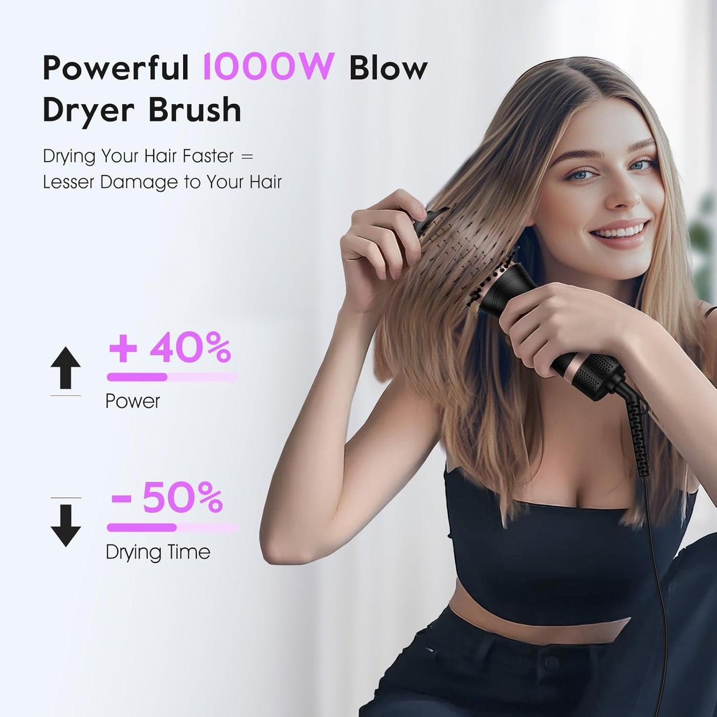 slopehill Mini Travel Dual Voltage Hair Dryer Brush,1000 Watts Hot Air Brush with European Plug, Ionic Hair Dryer and Styler for Women, Oval Barrel 2 Heat & 2 Speed Settings for International Travel