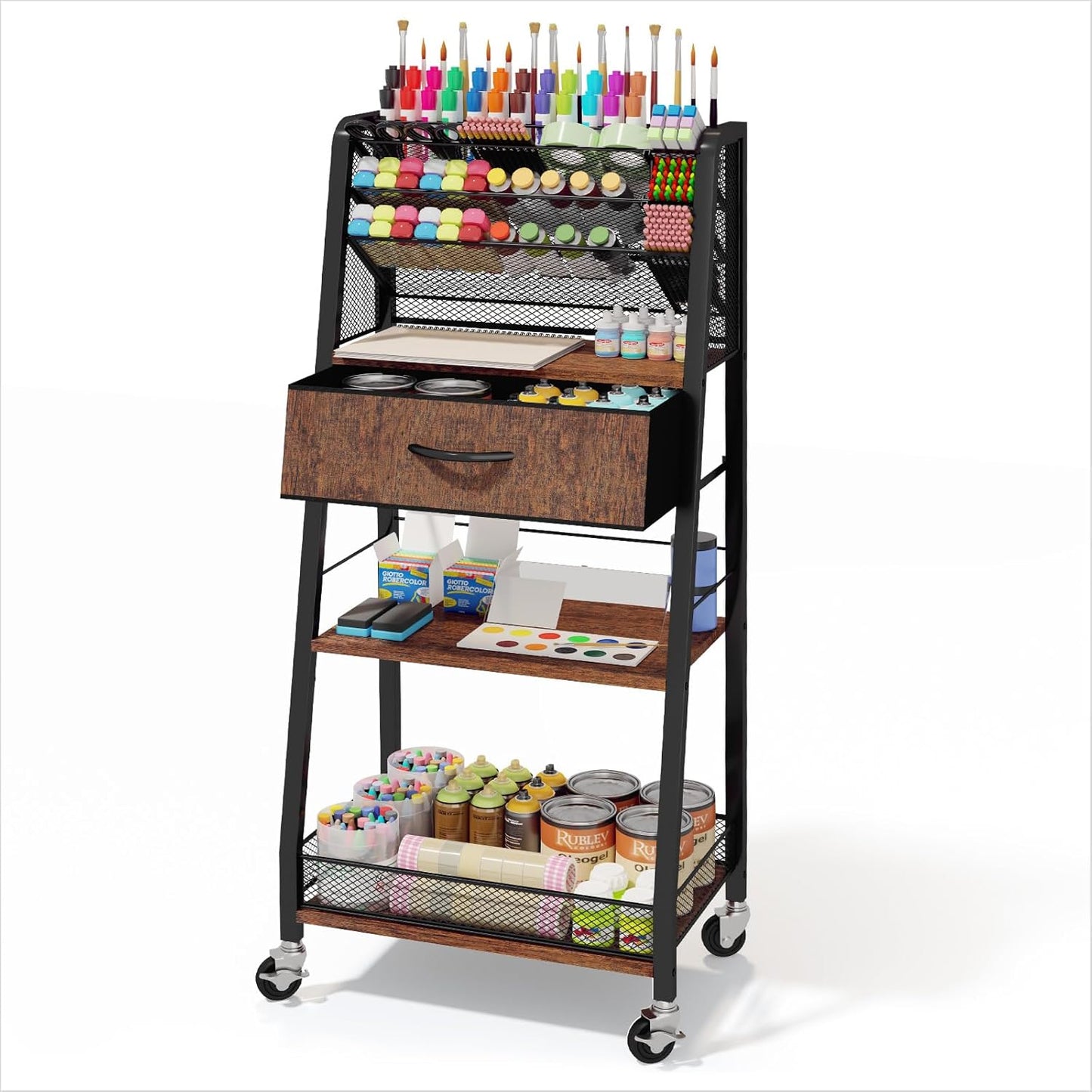 3 Tier Rolling Cart - Metal Utility Cart with Storage Drawer and Wheels, Versatile Art & Craft Organizer for Home, Office, or Studio - Ideal for Storing Brushes, Paints, and Supplies