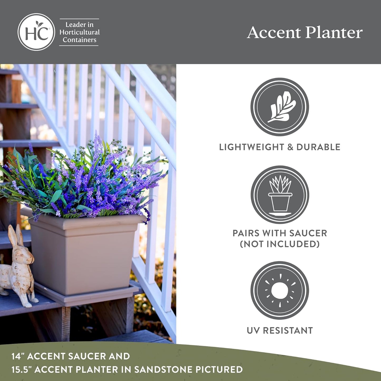 The HC Companies 12.5 Inch Accent Square Plant Pots with Drainage, Lightweight UV-Resistant Plastic Planters for Indoor & Outdoor Plants, 2-Pack Flower Pots for Garden, Office & Home Decor, Black