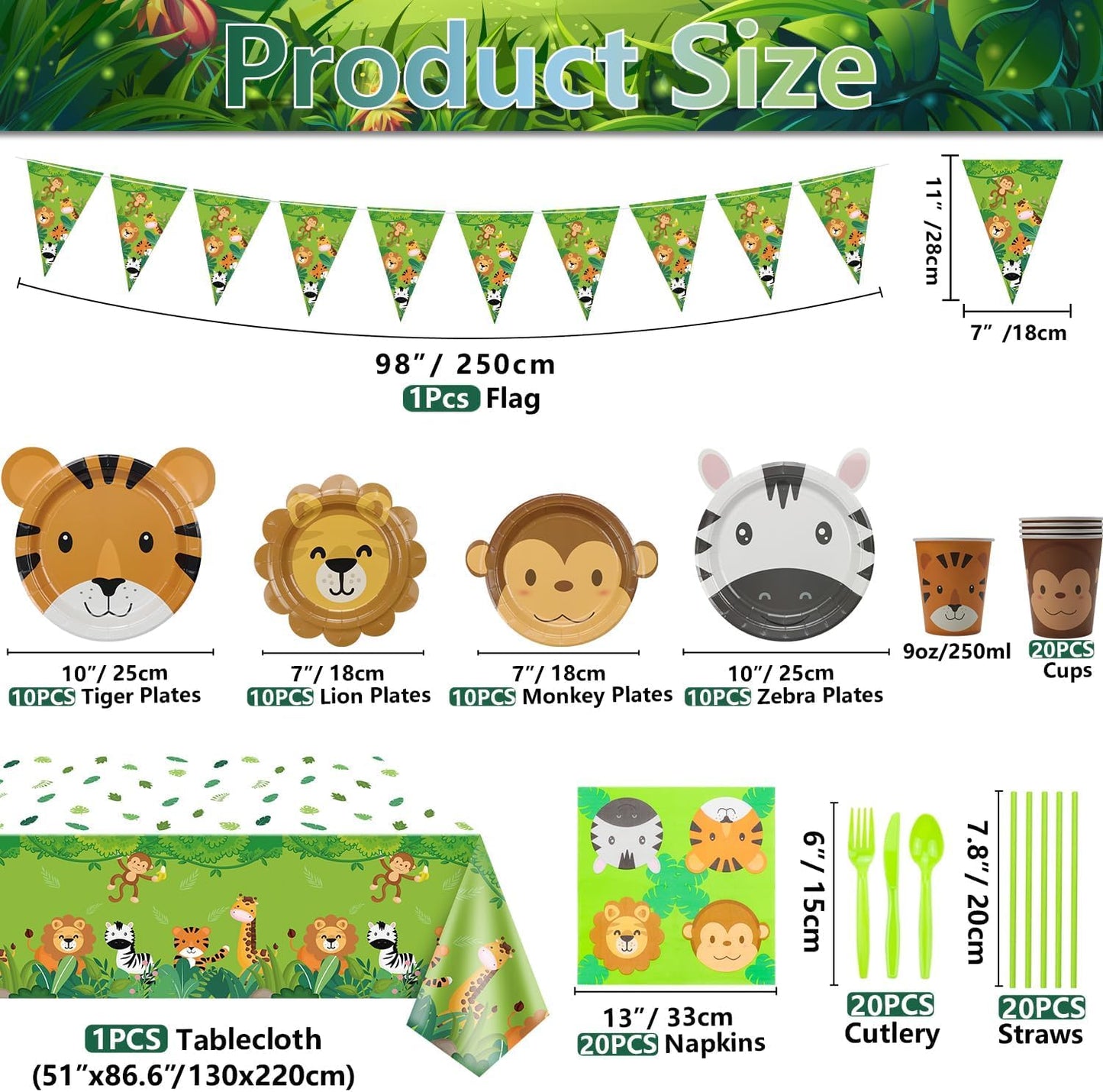 162Pcs Jungle Party Supplies- Include Animal Shape Plates, Jungle Tablecloth, Safari Flag, Napkins, Cups, Cutlery, Safari Theme Party Supplies for Kids Birthday Baby Shower Wild One, Serves 20 Guests