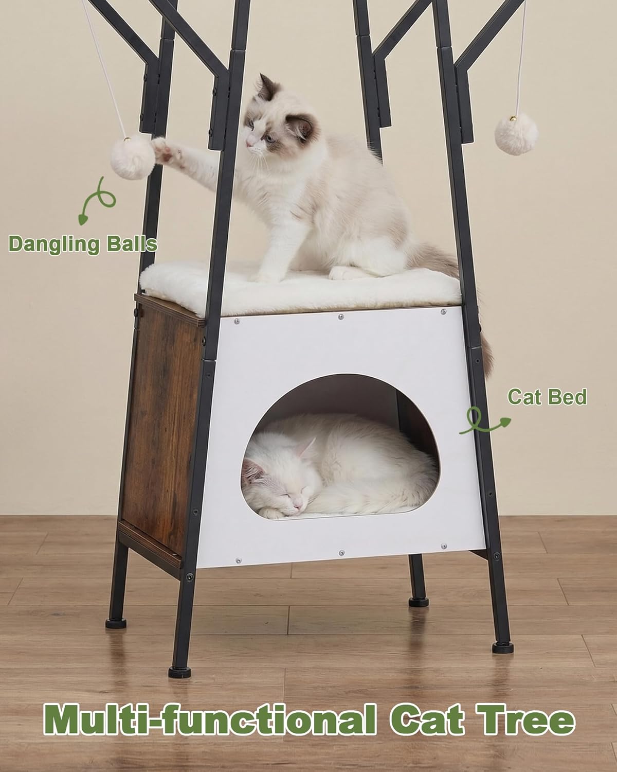 46-Inch Modern Cat Tree Tower for Large Cats, Multi-Level Cat Tower with Playful Toy Balls, Large Perch, Cat Condo, Removable Pads, White