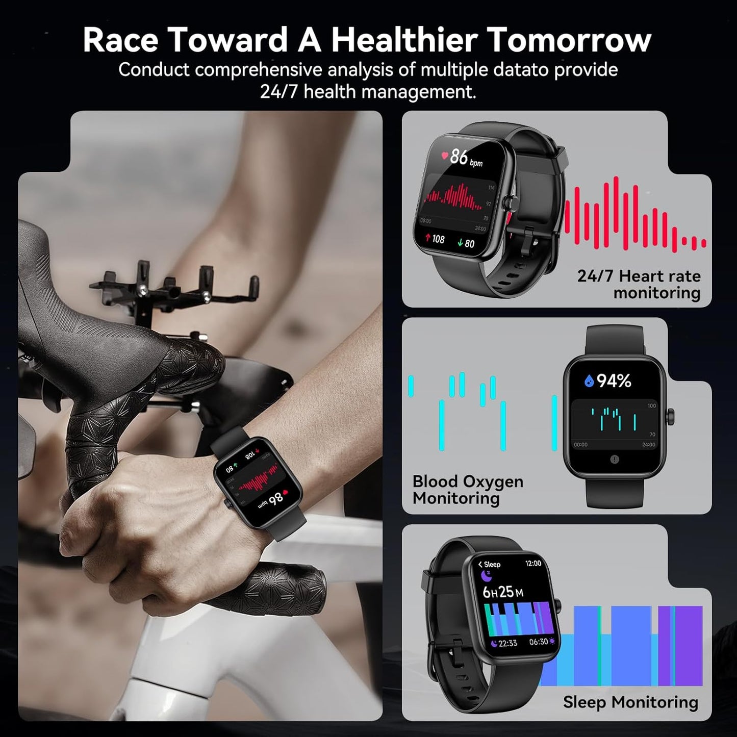 Smart Watch with Alexa Built-in, 1.83" HD Touchscreen Fitness Tracker, Bluetooth Notifications/Calls, IP68 Waterproof, 120+ Sport Modes, 24/7 Heart Rate & Sleep Monitor for iPhone Android iOS (Black)
