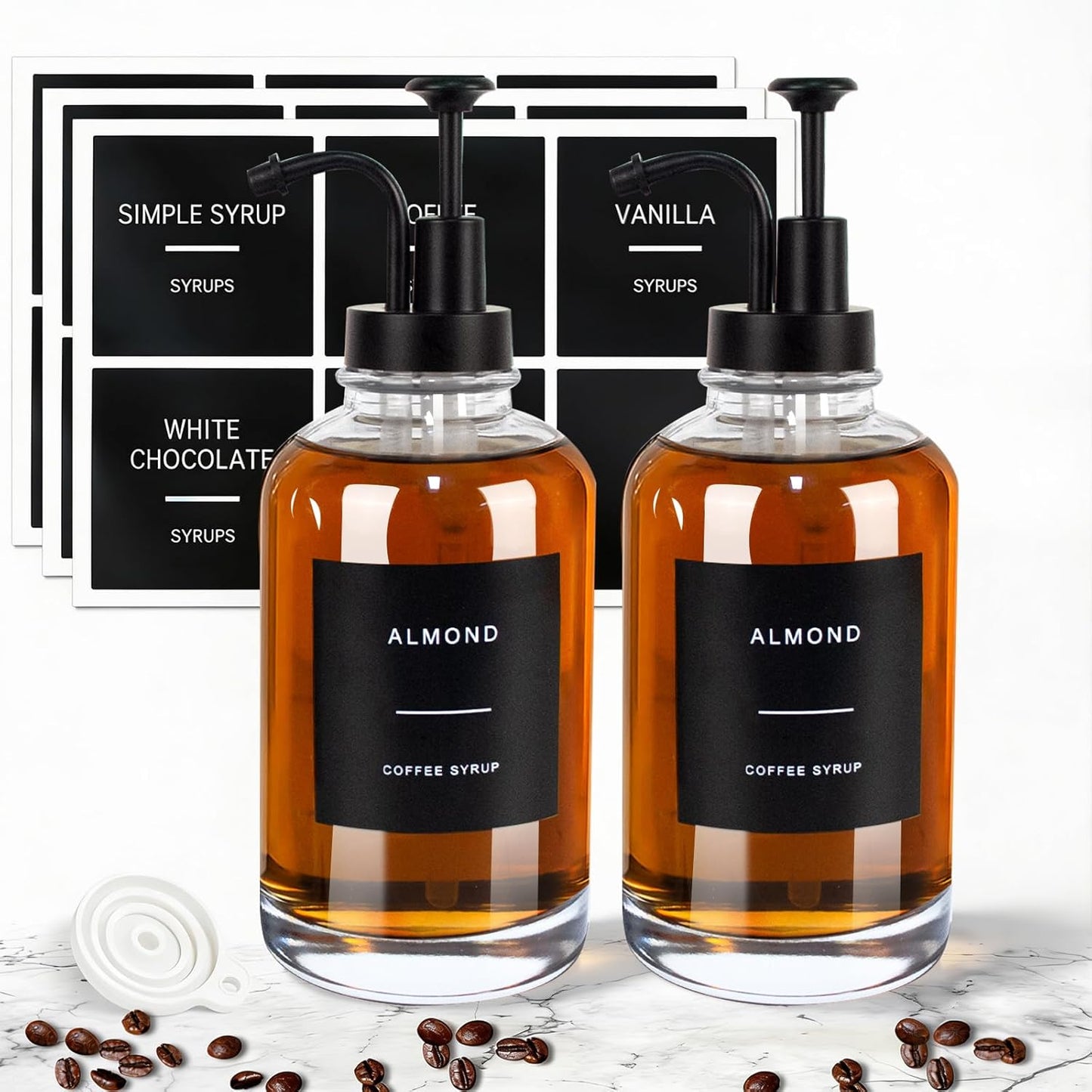 Coffee Syrup Dispenser for Coffee Bar, Set of 2 Simple Glass Syrup Bottle w. Pump and Labels, 16.9 oz 500ml Syrup Pump Dispenser, Syrup Dispenser Black