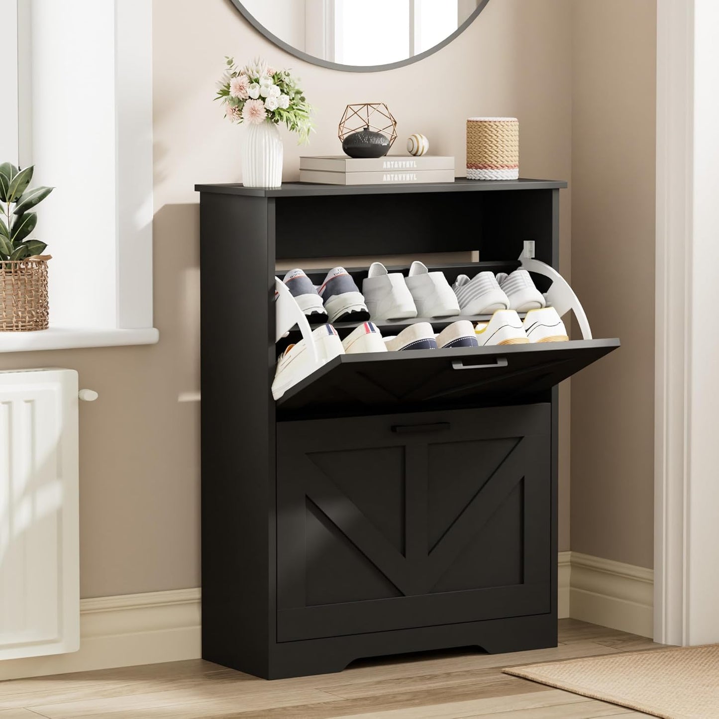 Farmhouse Shoe Cabinet for Entryway with Barn-Style Flip Drawers, Narrow Shoe Storage Organizer with Top Display Shelf, Adjustable Shelves, Shoe Rack for Hallway, Closet- (Black, 24")
