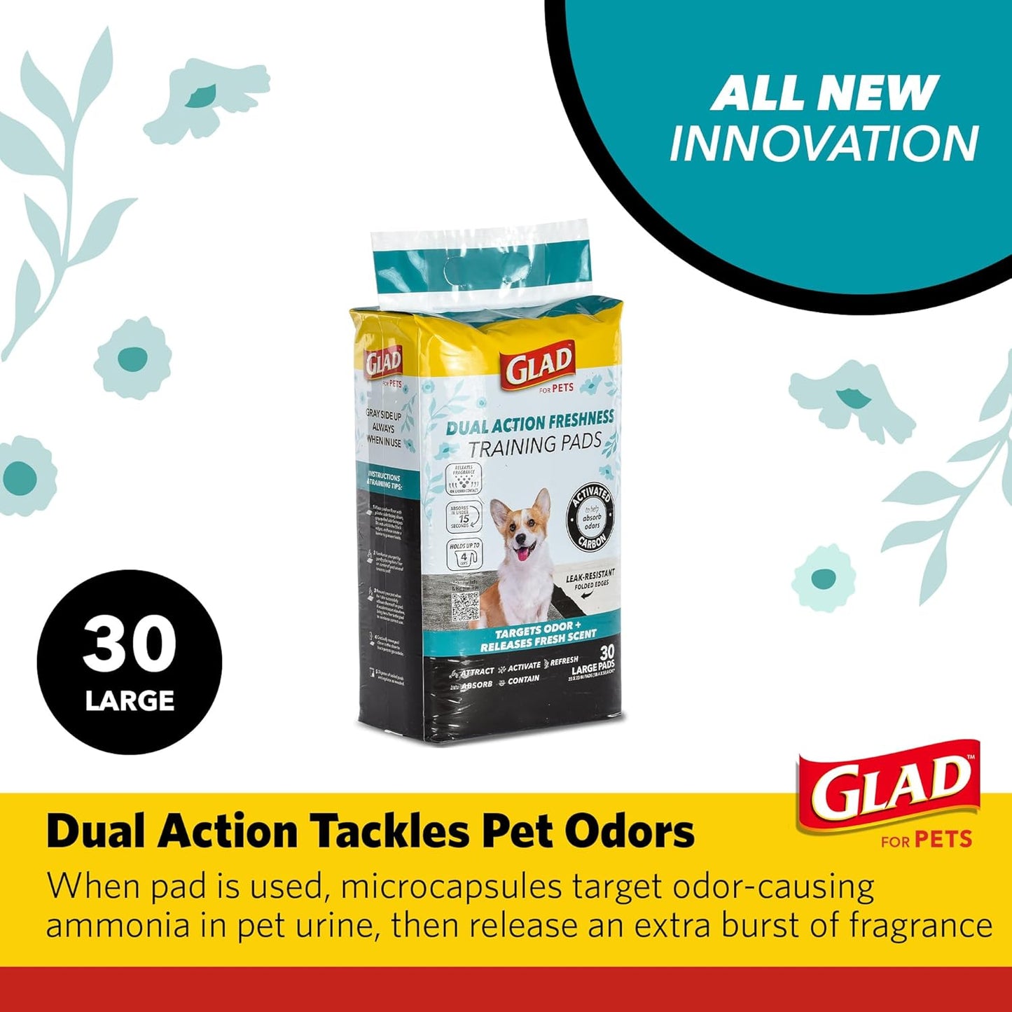 Glad for Pets Dual Action Freshness Activated Carbon Puppy Training Pads with Fragrance Release, Scented Pee Pads, Ultra Absorbent, Odor Control. 23"x23" 30ct