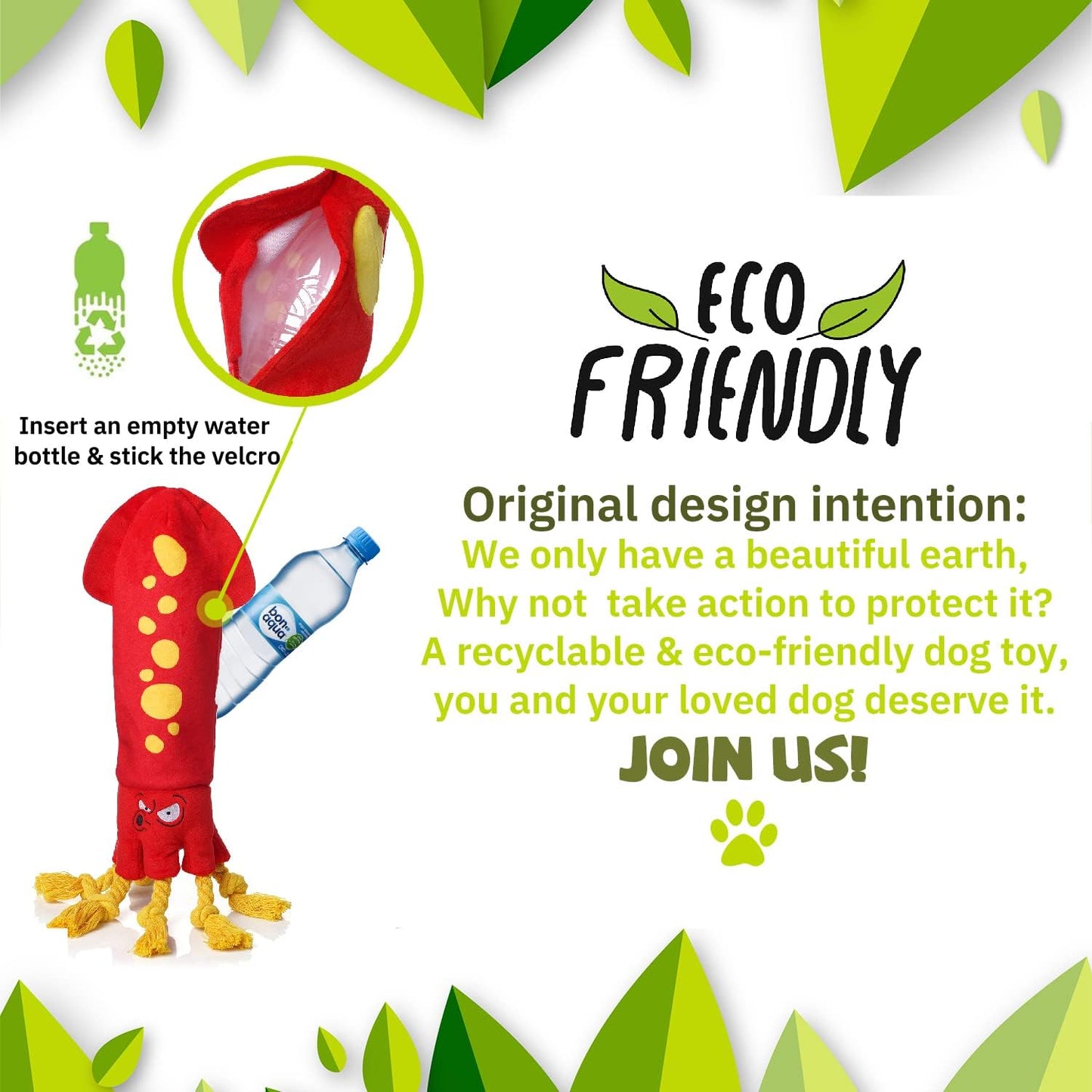 Water Bottle Dog Toys - Dog Puzzle Squeaky Enrichment Treat Dispensing Rope Snuffle Plush Toy, No Stuffing Durable Soft Crunchy Toys for Small Medium Large Dogs Puppy - Octopus Squid
