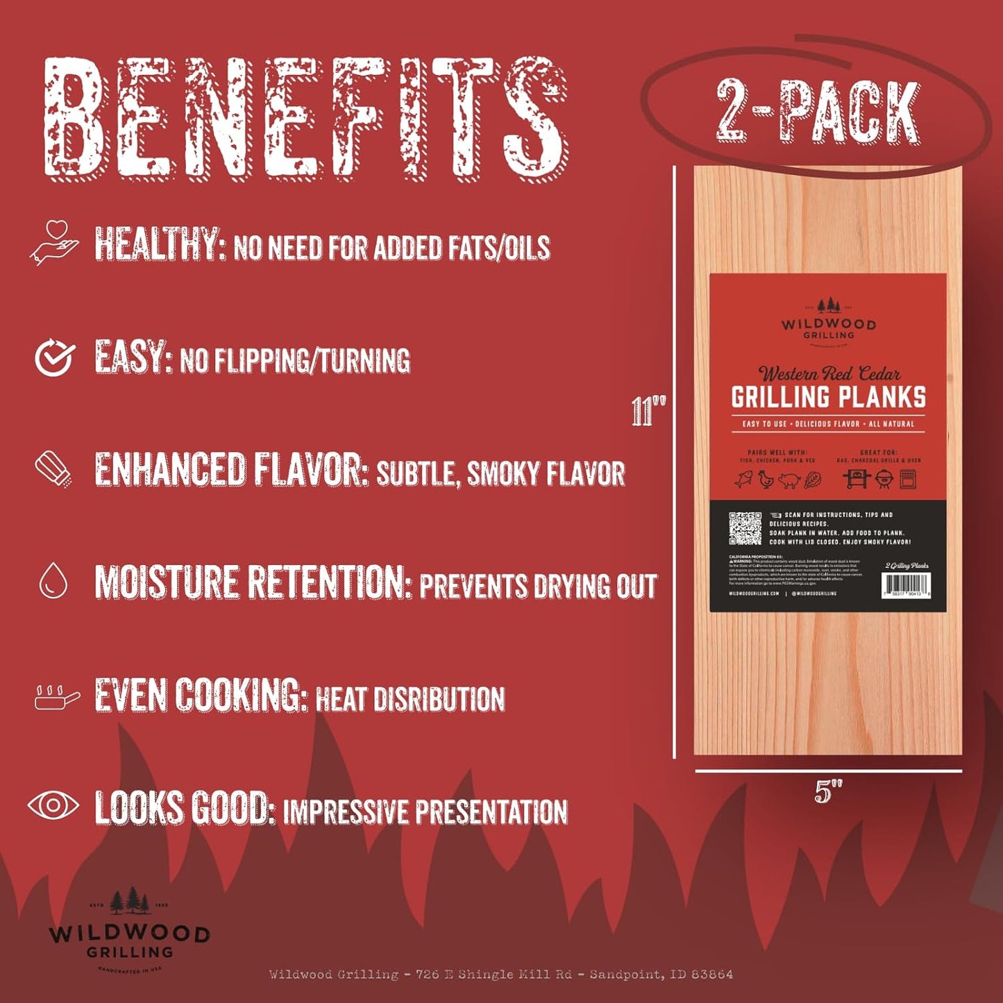 Wildwood Grilling Signature 5” x 11” Cedar Grilling Planks (2-Pack) - USA-Made & Sourced - Adds Delicate, Earthy Flavor to Food - 100% Natural Product for Fish, Seafood, Veggies & Fruit