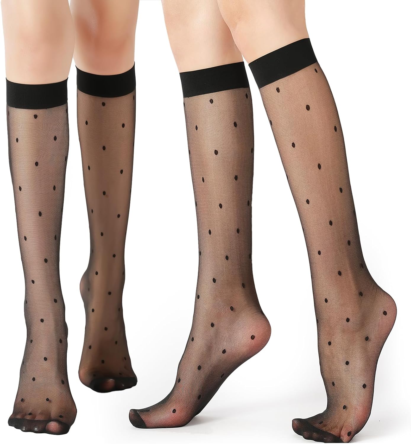 G&Y 4 Pairs Pattern Knee High Pantyhose with Reinforced Toe - 30D Nylon Stockings for Women Dot Heart Lip Patterned