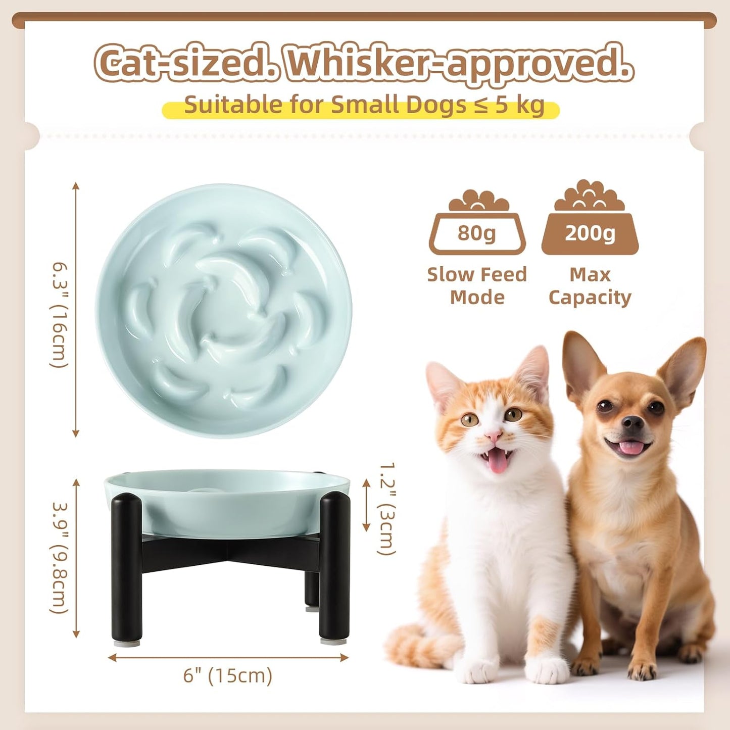 Elevated Slow Feeder Cat Bowl - Melamine Cat Food Plate with Anti-Slip Metal Stand - Raised Maze Dish for Slow Eating - Pale Blue