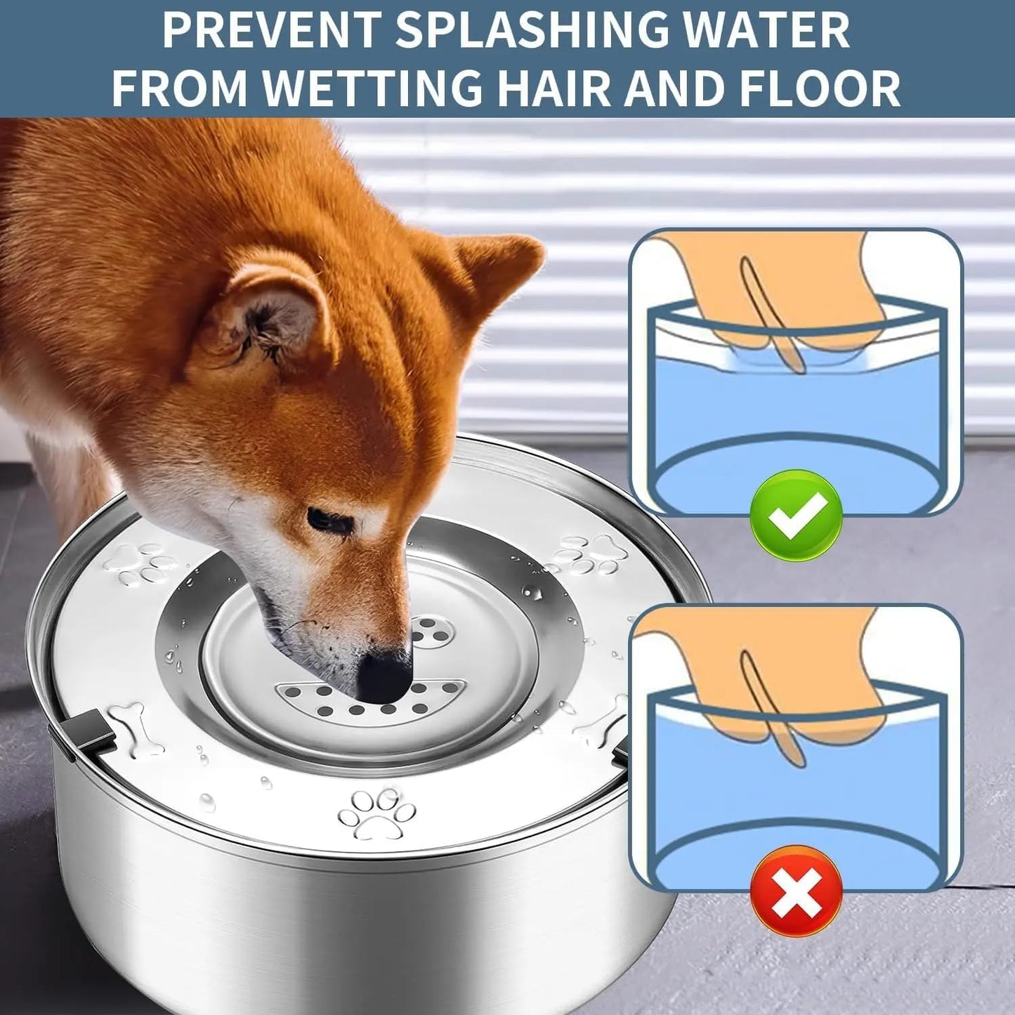 Stainless Steel Dog Water Bowl No Spill, 101oz/3L Large Capacity Pet Water Dispenser with Floating Disk, Non-Slip Slow Drink Feeder for Cat, Anti-Gulping & Splash Proof for Travel, Car Home