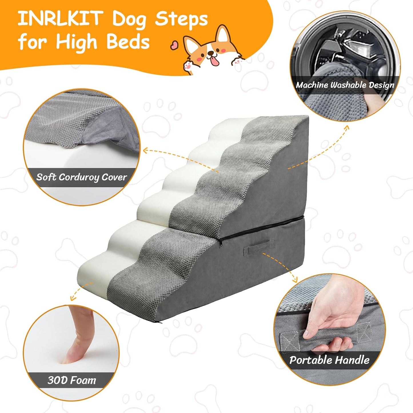 Dog Stairs for High Beds 30 inches Tall for Small Dogs, Pet Steps for High Bed up to 30-36 Inch, Lightweight Foam Dog Ramp for Old Cats, No Assembly Required, Grey