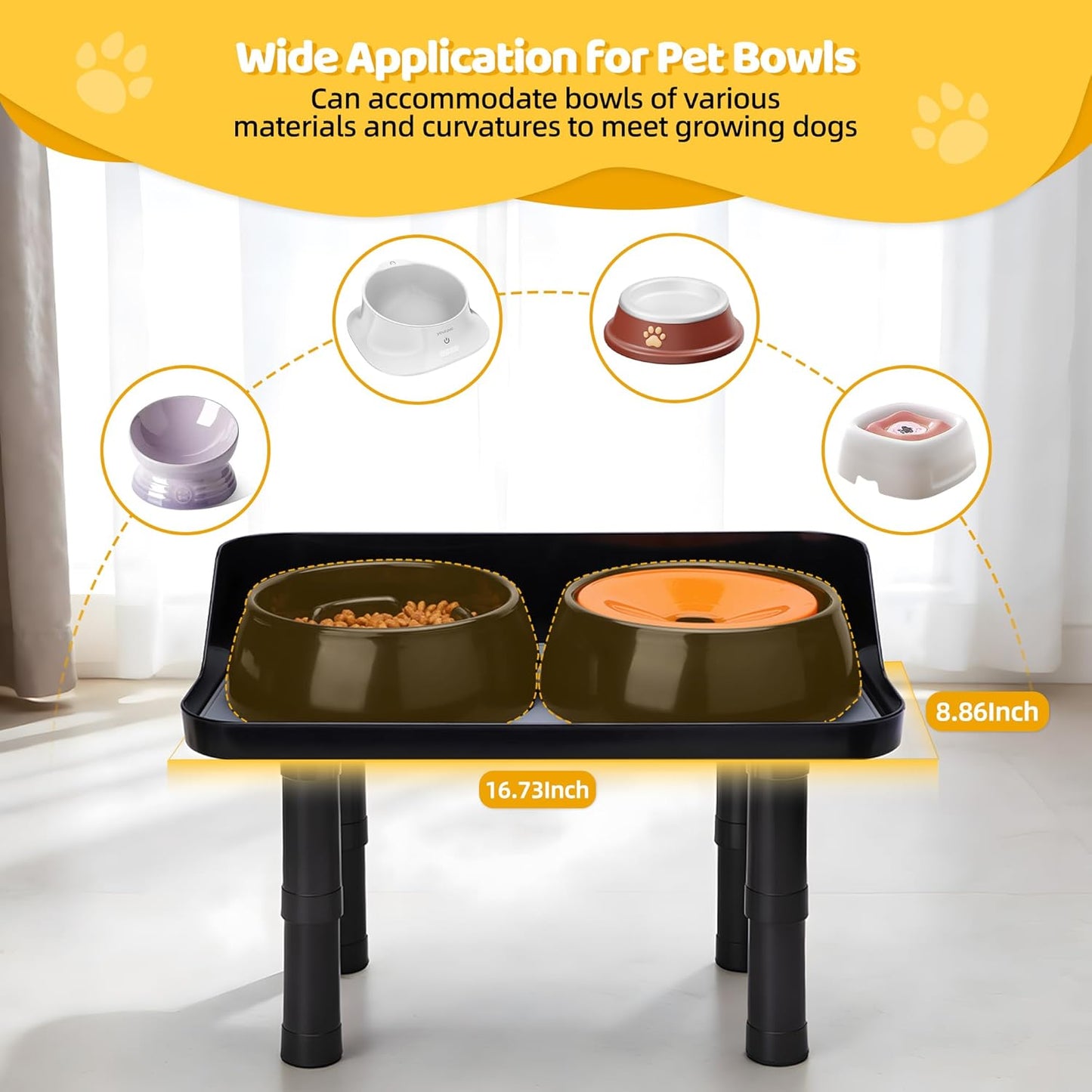 Dog Food Bowls Elevated, 3 Heights ((0.9''/4.7''/8.45'') Adjustable Raised Dog Bowl Stand with 16.73''W Splash Guard & Non-Skid Feet for Small Medium Large Dogs, No Bowl Included