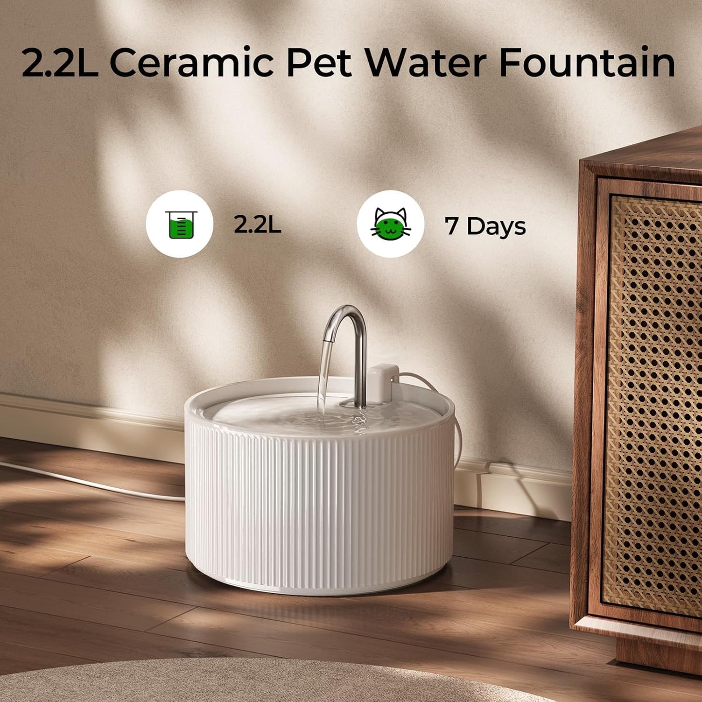 Voluas Ceramic Cat Water Fountain: 2.2L/74oz Cat Fountains for Drinking, Automatic Pet Water Dispenser with Ultra-Quiet Pump and Replacement Filter, Kitty Watering Supplies Indoor Easy Clean BPA-Free