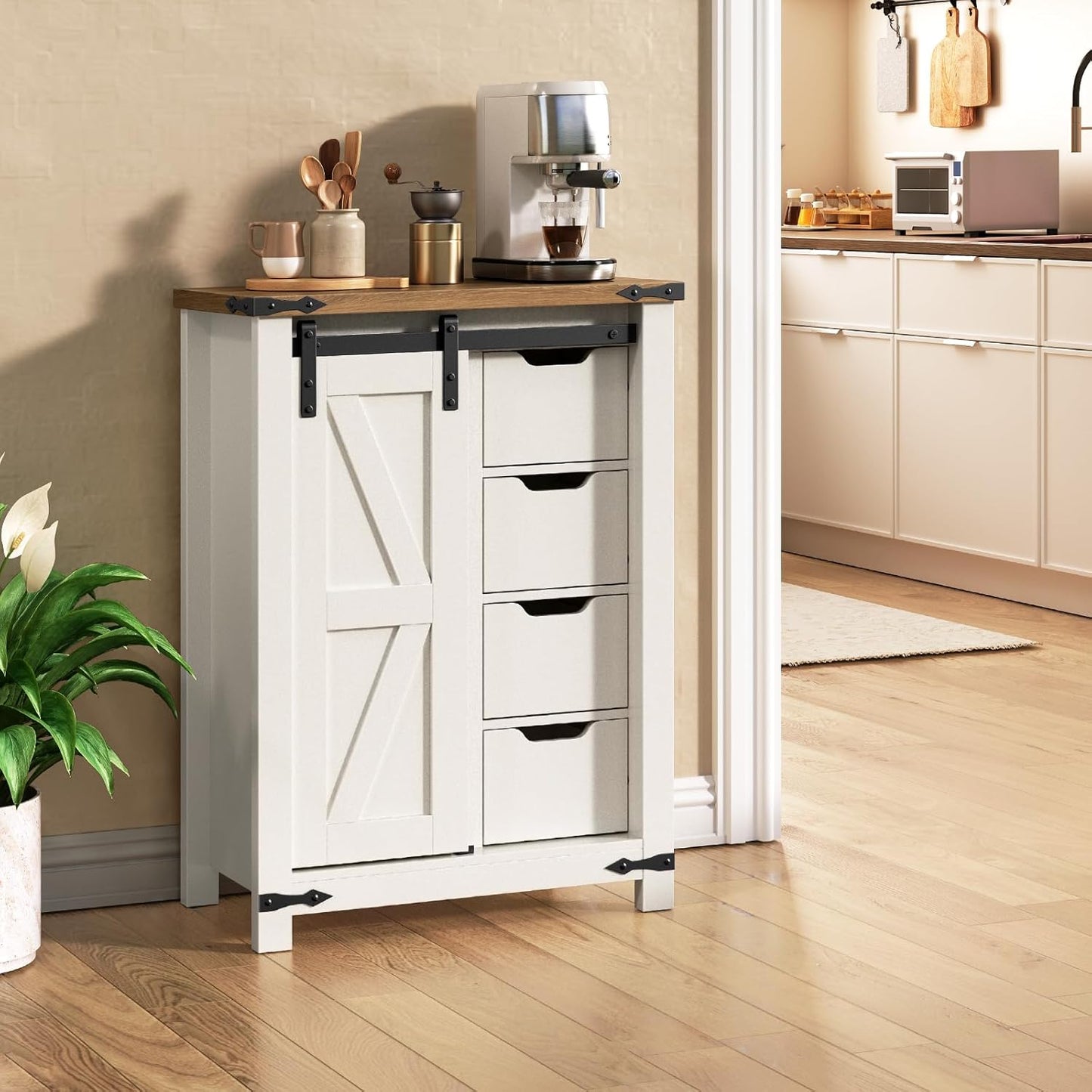 HOOBRO Bathroom Storage Cabinet, Farmhouse Cabinet with Sliding Barn Door, Adjustable Shelf and 4 Drawers, 11.8" D x 23.6" W x 31.9" H, Freestanding for Bathroom, Kitchen, White and Walnut