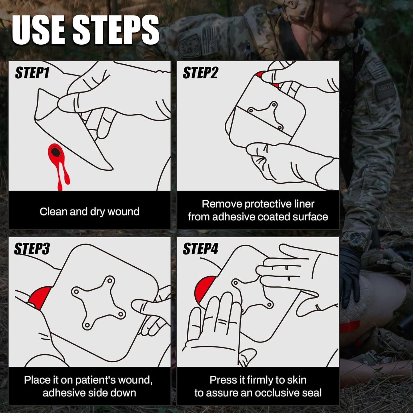 RHINO RESCUE Vented Chest Seal, 4 Vents, Sterile Emergency Trauma Dressing, Occlusive Adhesive Pad, IFAK Trauma Refill Medical First Aid Supplies for Wound Care, Gunshot Wound, Sucking Chest(2 Count)