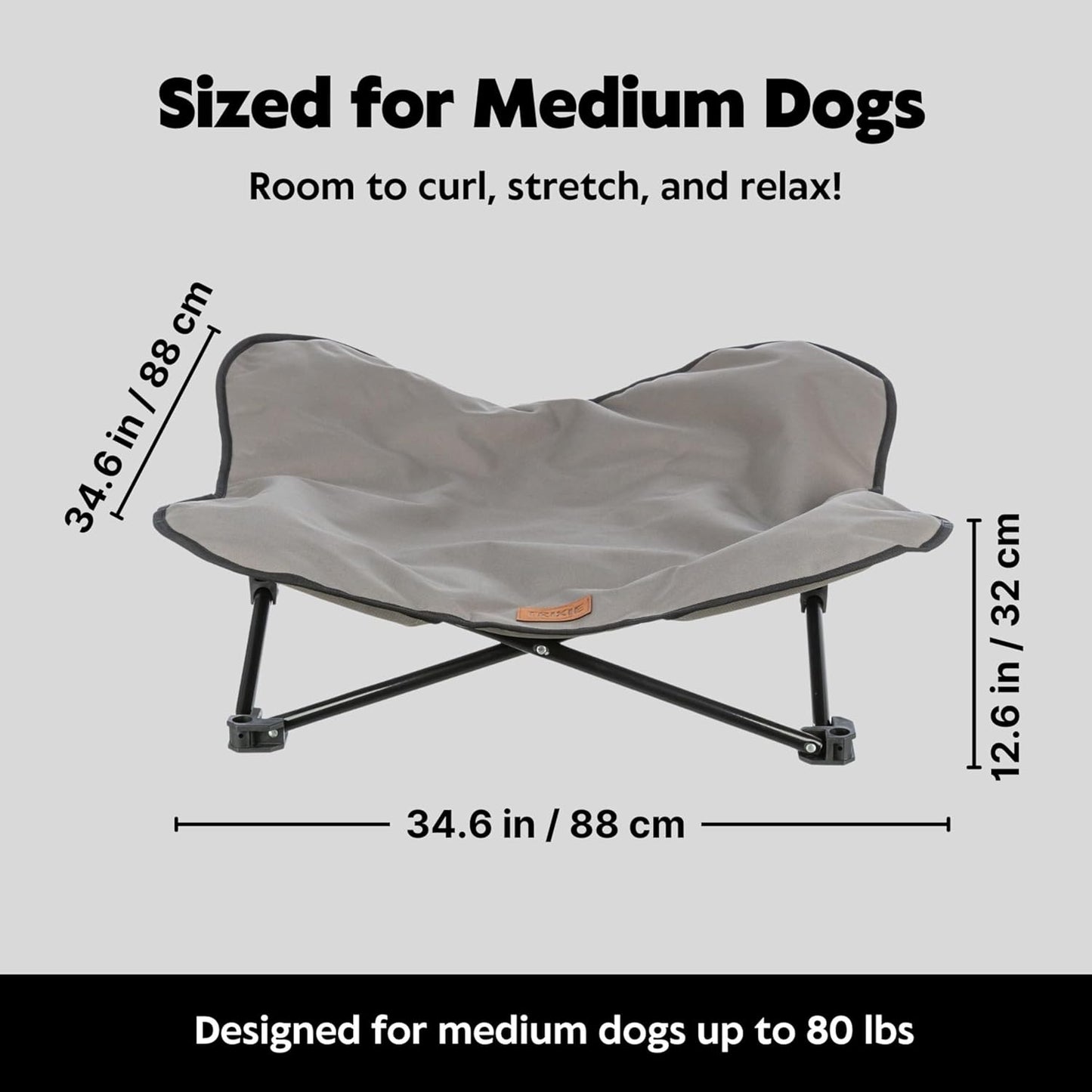 TRIXIE Camping Cot for Medium Dogs, Elevated Pet Travel Bed 34.6" x 34.6", Support Breeds up to 80 lbs, Portable Steel Frame Lounger with Cushioned Removable Topper, Foldable Design